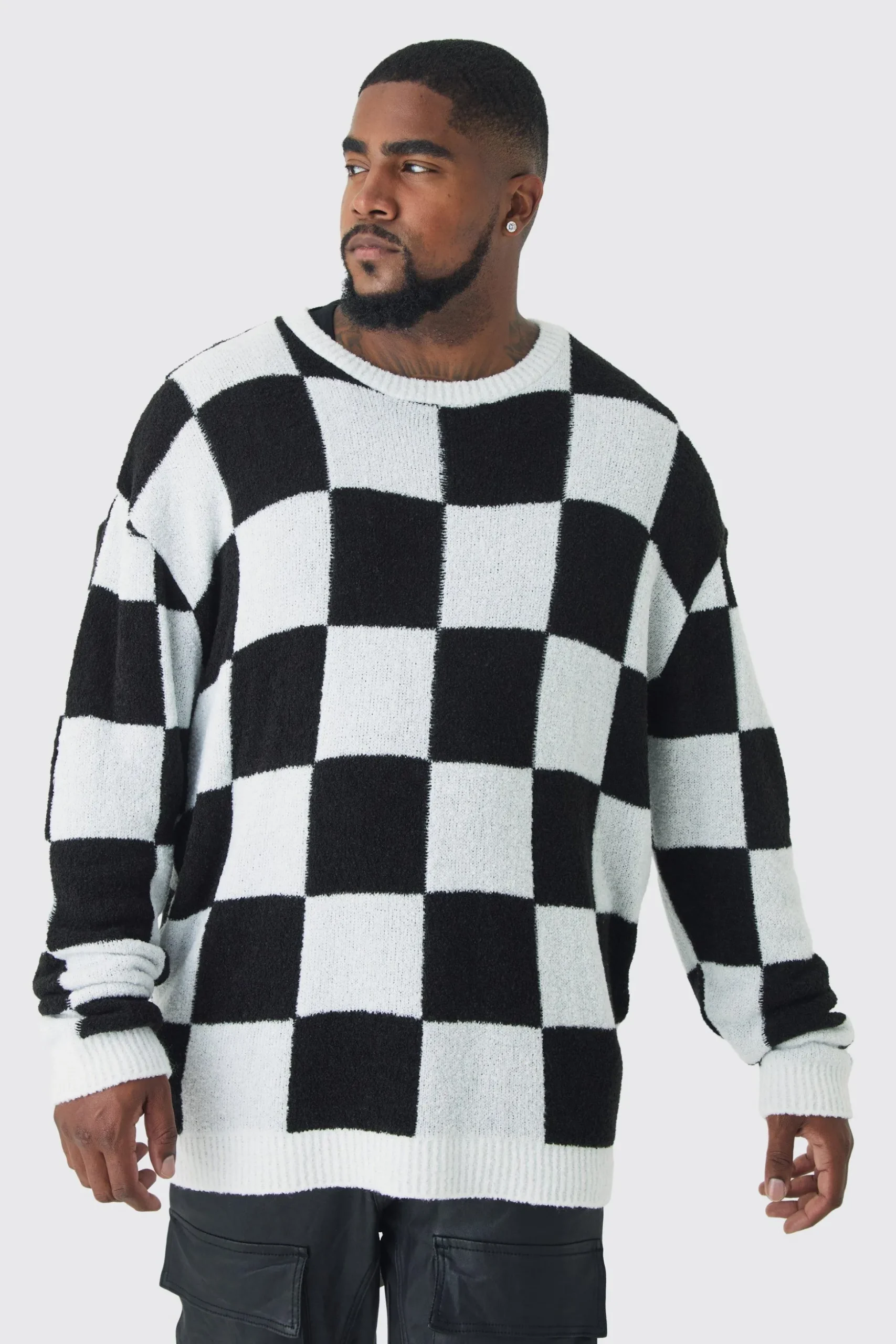 Plus Boucle Knit Checkered Crew Neck Jumper | BoohooMAN UK