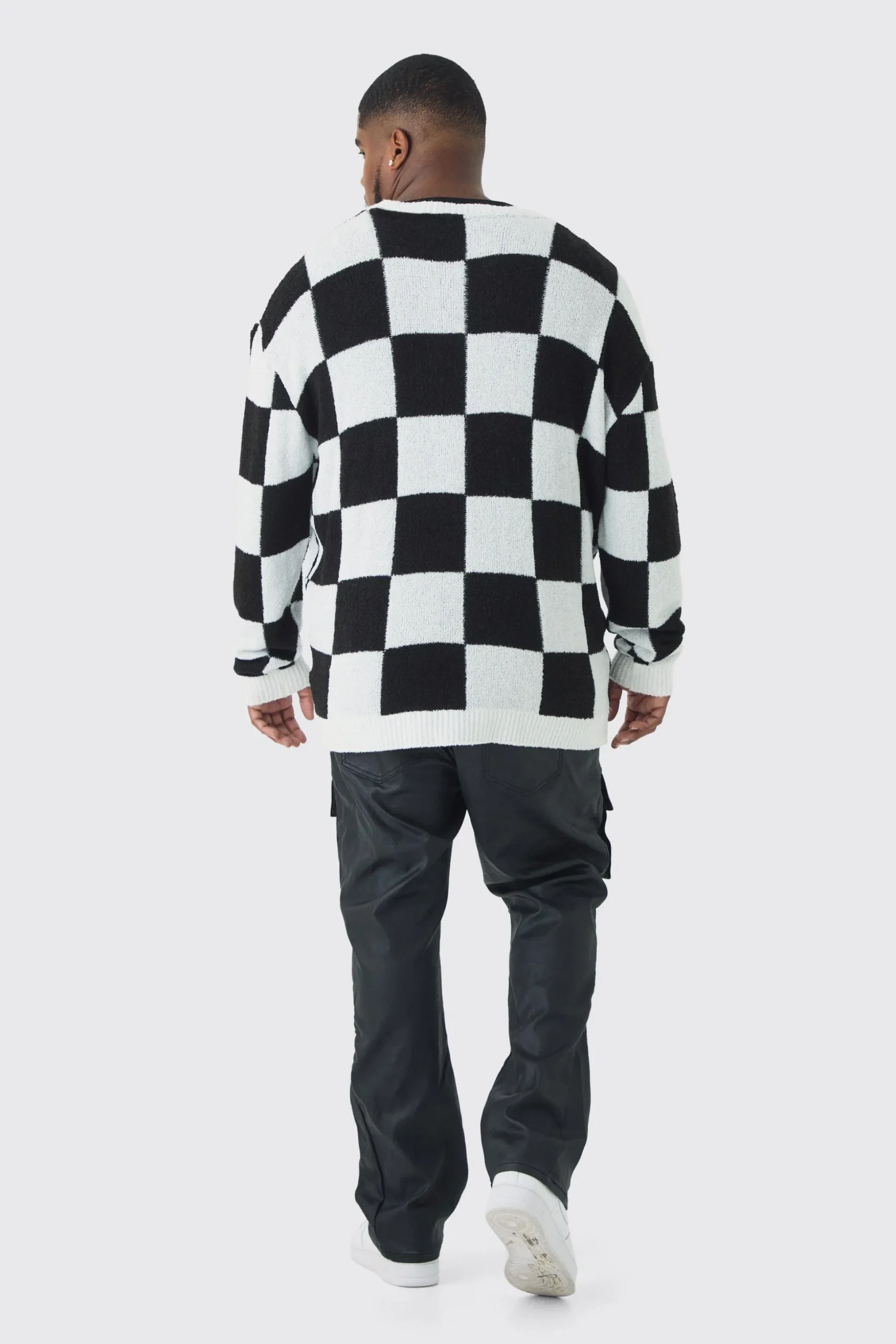 Plus Boucle Knit Checkered Crew Neck Jumper | BoohooMAN UK
