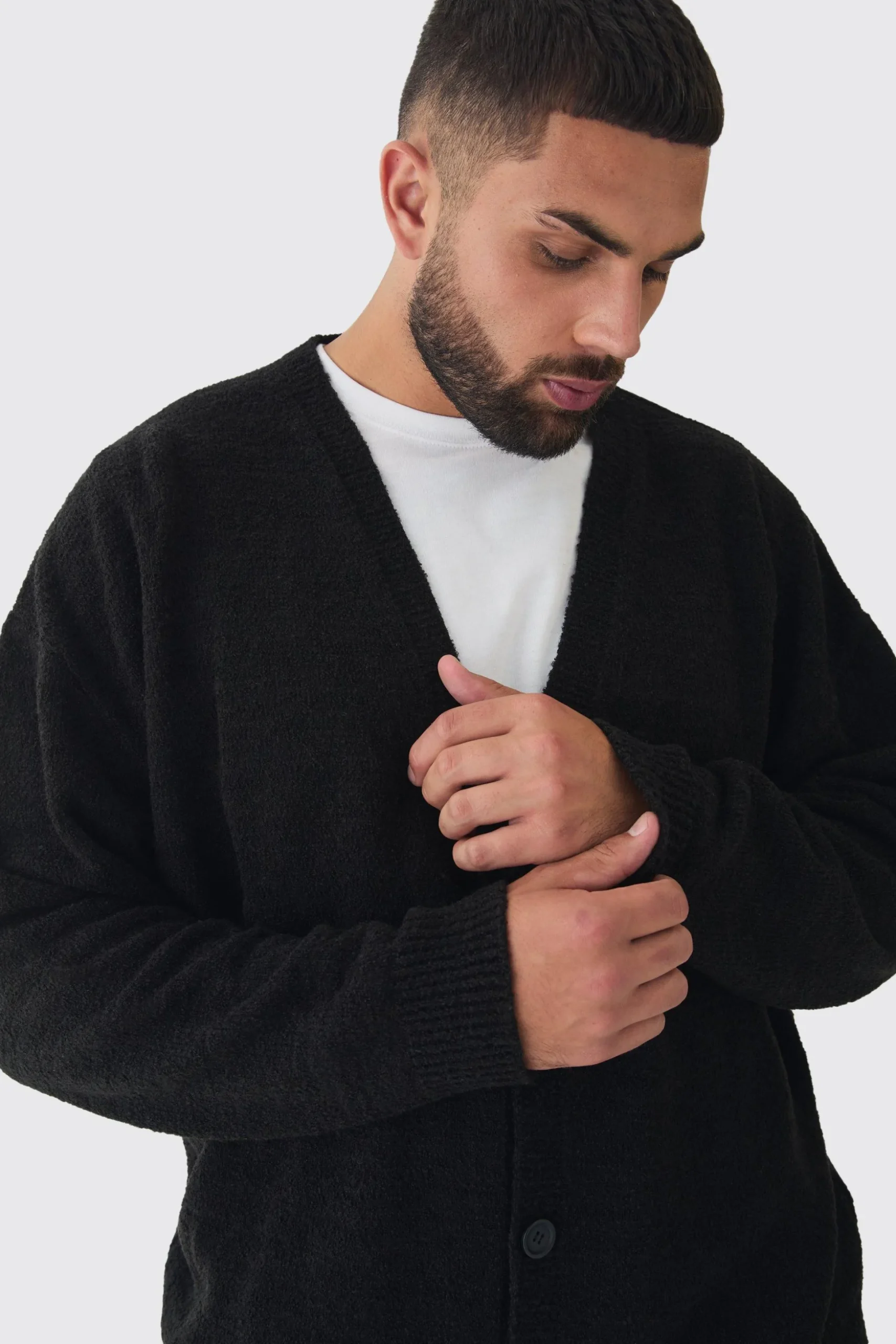 Plus Boucle Knit Drop Shoulder Cardigan | BoohooMAN UK