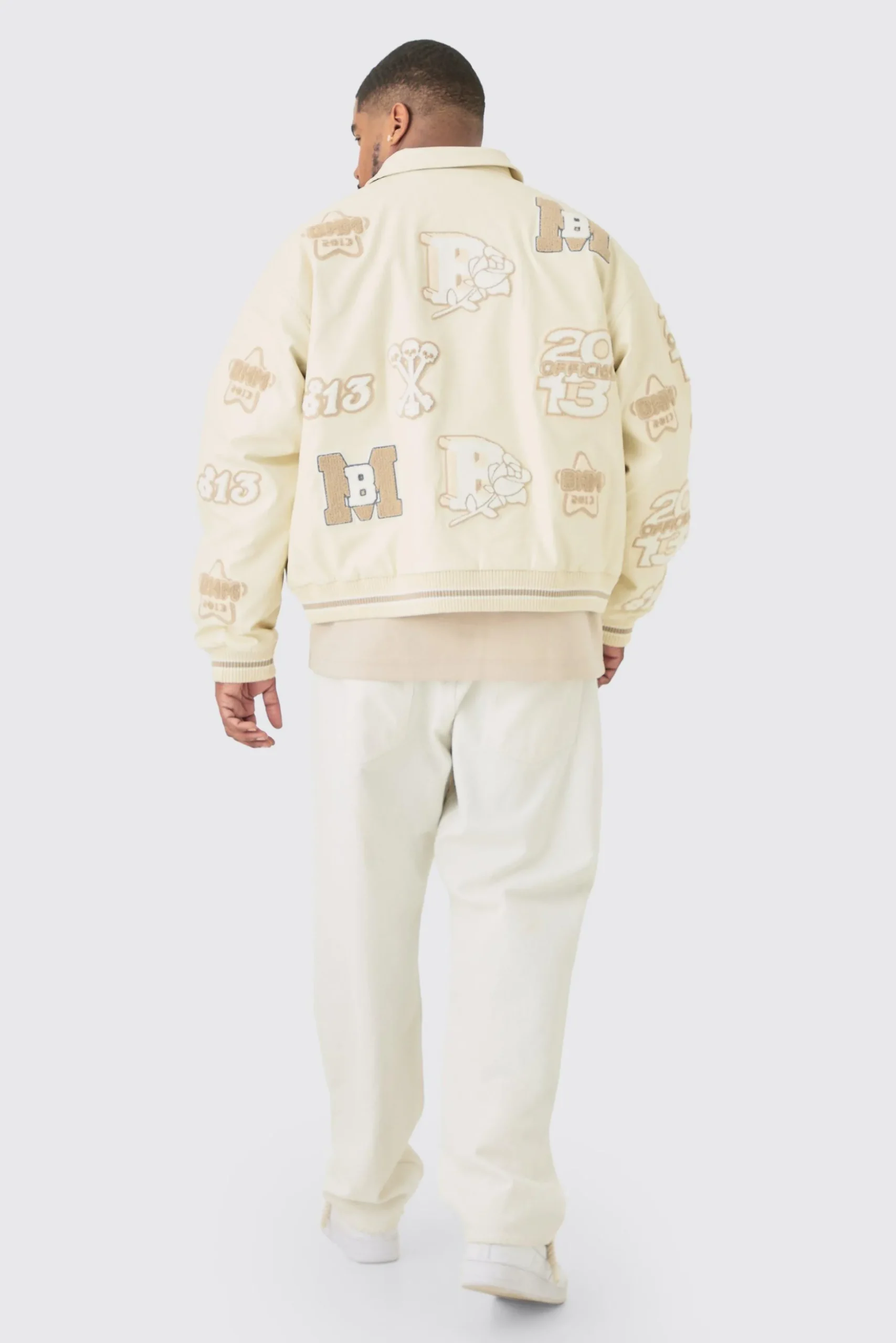 Plus Boxy PU Tonal Badge Varsity Jacket | BoohooMAN UK