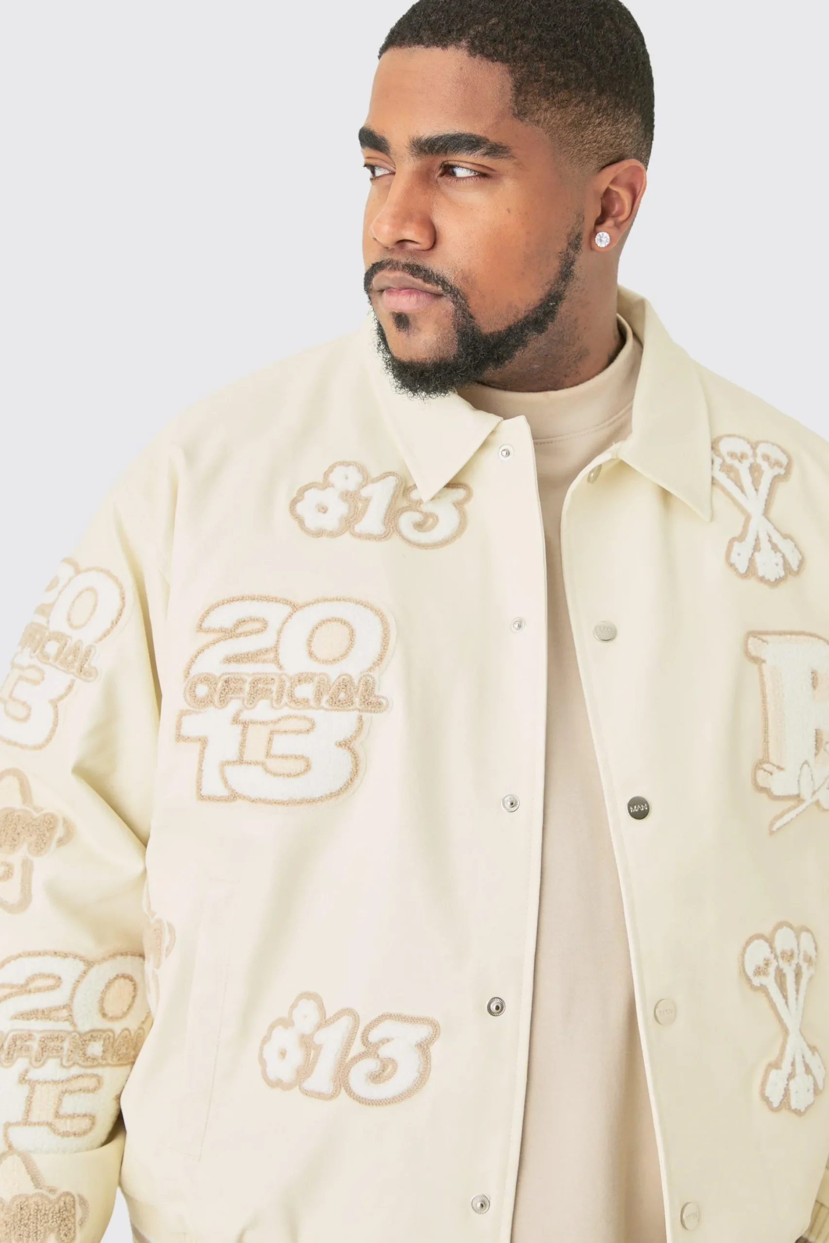 Plus Boxy PU Tonal Badge Varsity Jacket | BoohooMAN UK