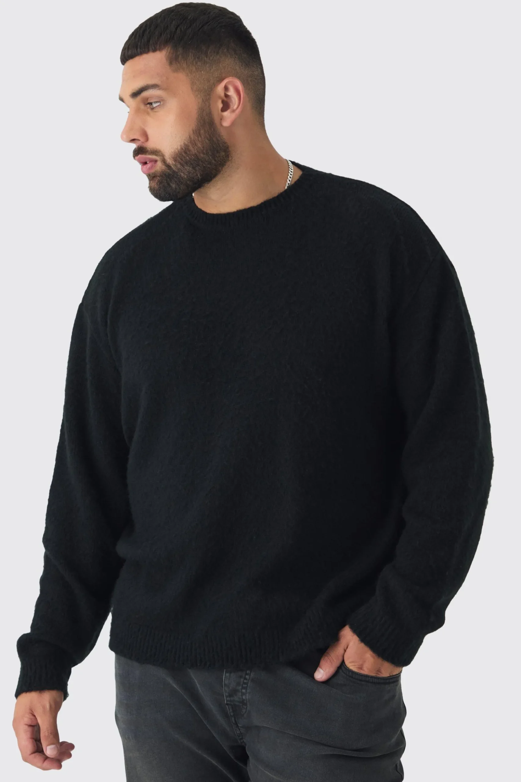 Plus Brushed Knit Crew Neck Oversized Jumper | BoohooMAN UK