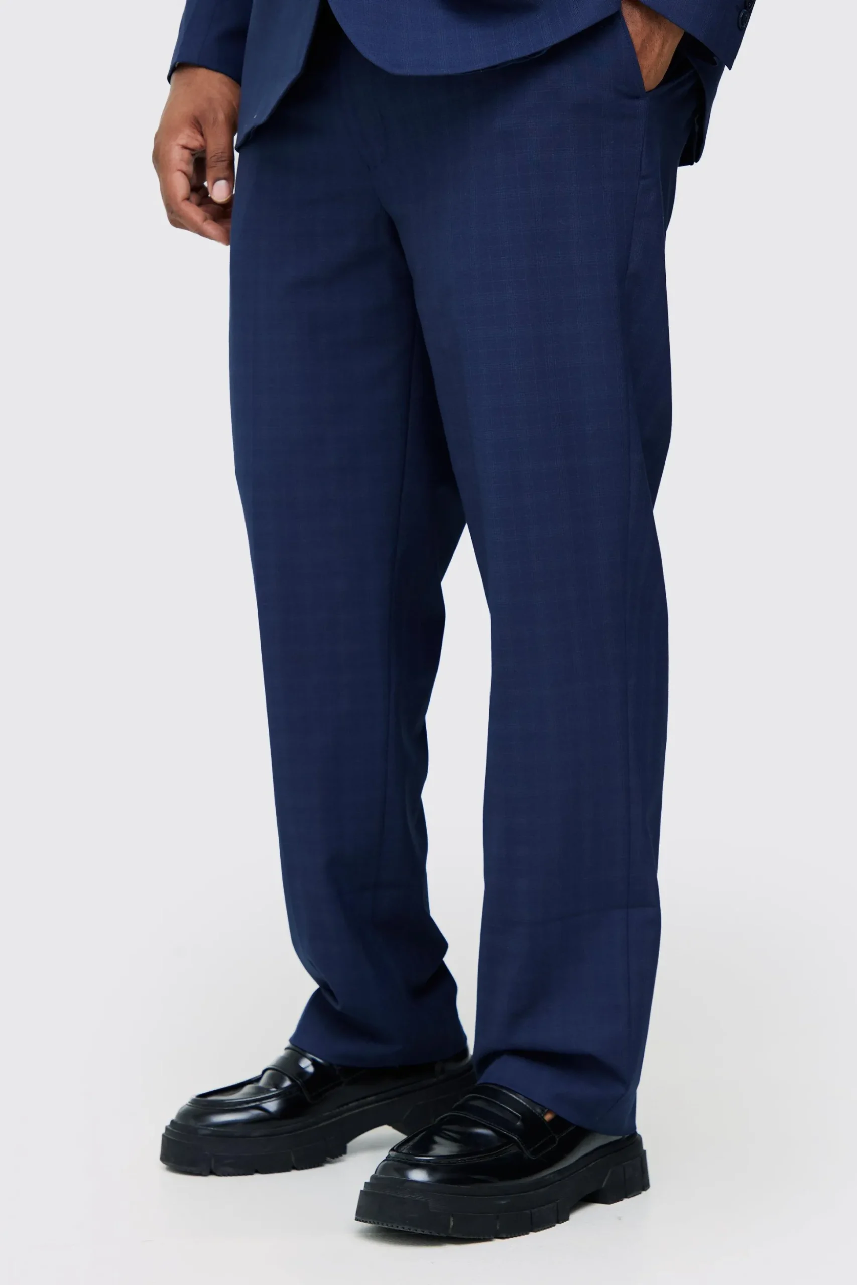 Plus Dark Blue Check Regular Fit Suit Trouser | BoohooMAN UK