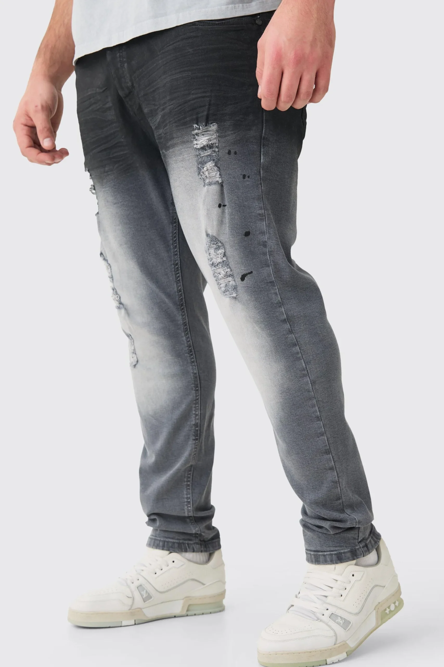 Plus Dark Grey Stretch Skinny Paint Effect Jean | BoohooMAN UK