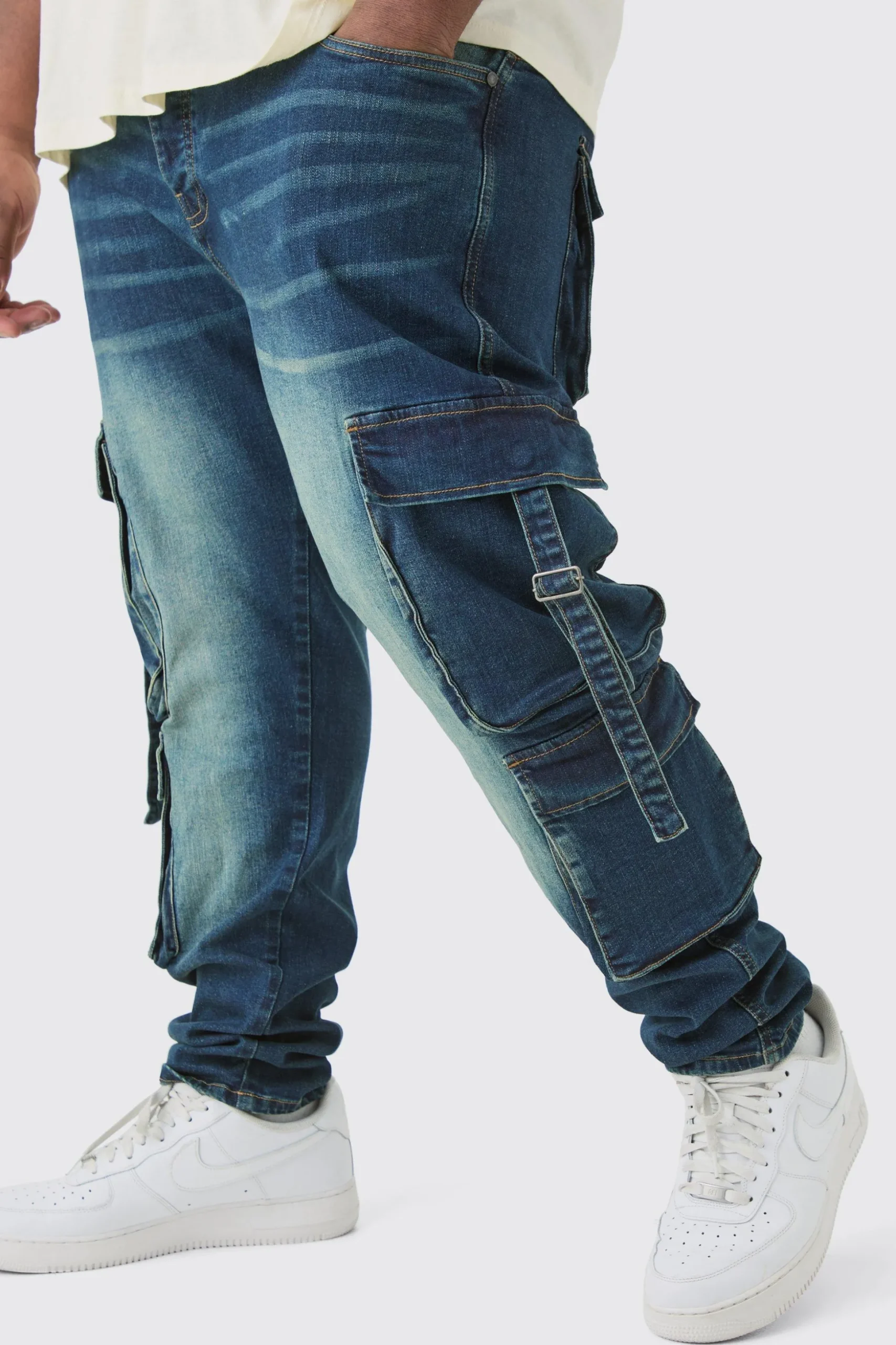 Plus Dark Wash Stretch Skinny Cargo Pocket Detail Jean | BoohooMAN UK
