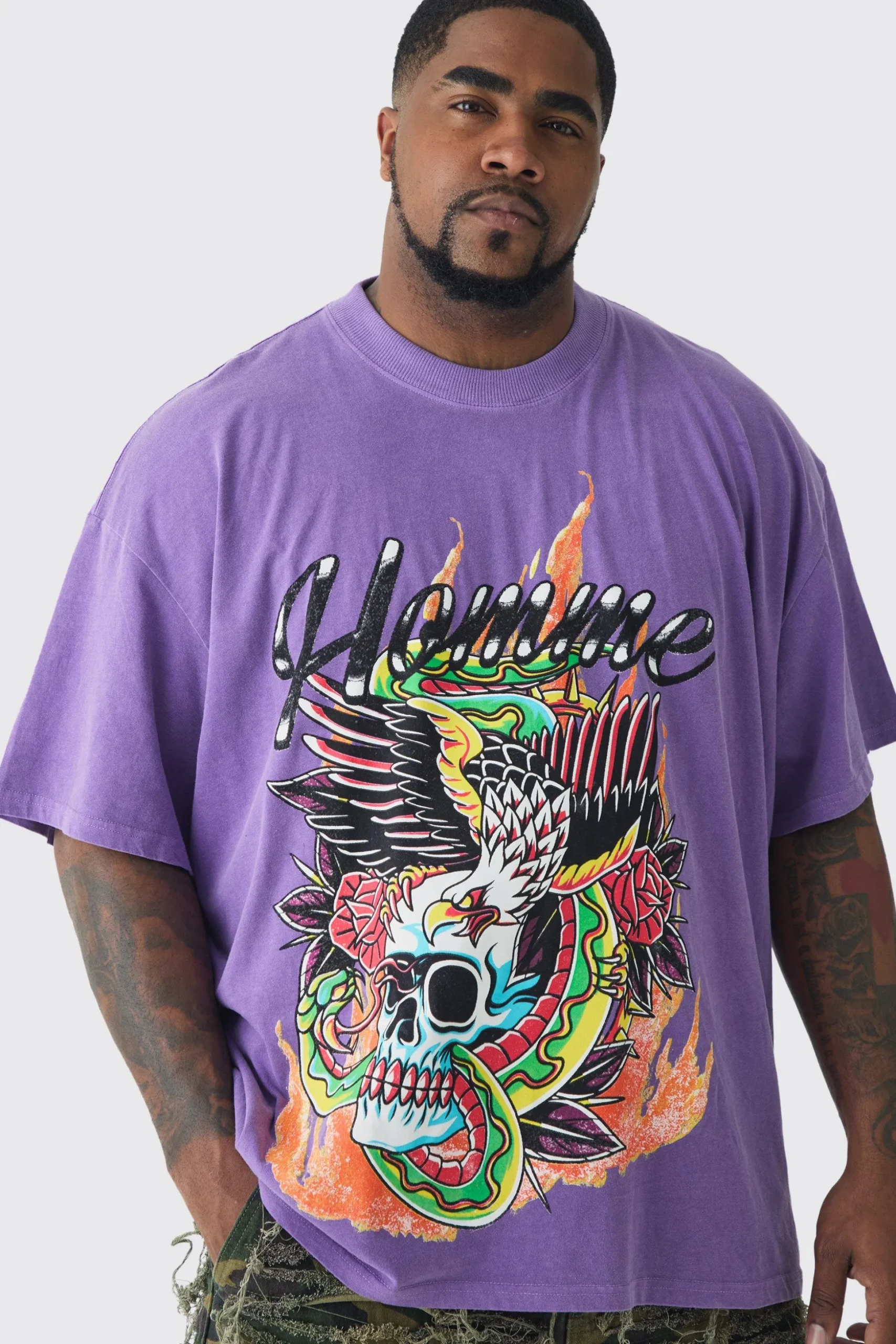 Plus Doodle Skull Homme Printed T-shirt In Purple | BoohooMAN UK