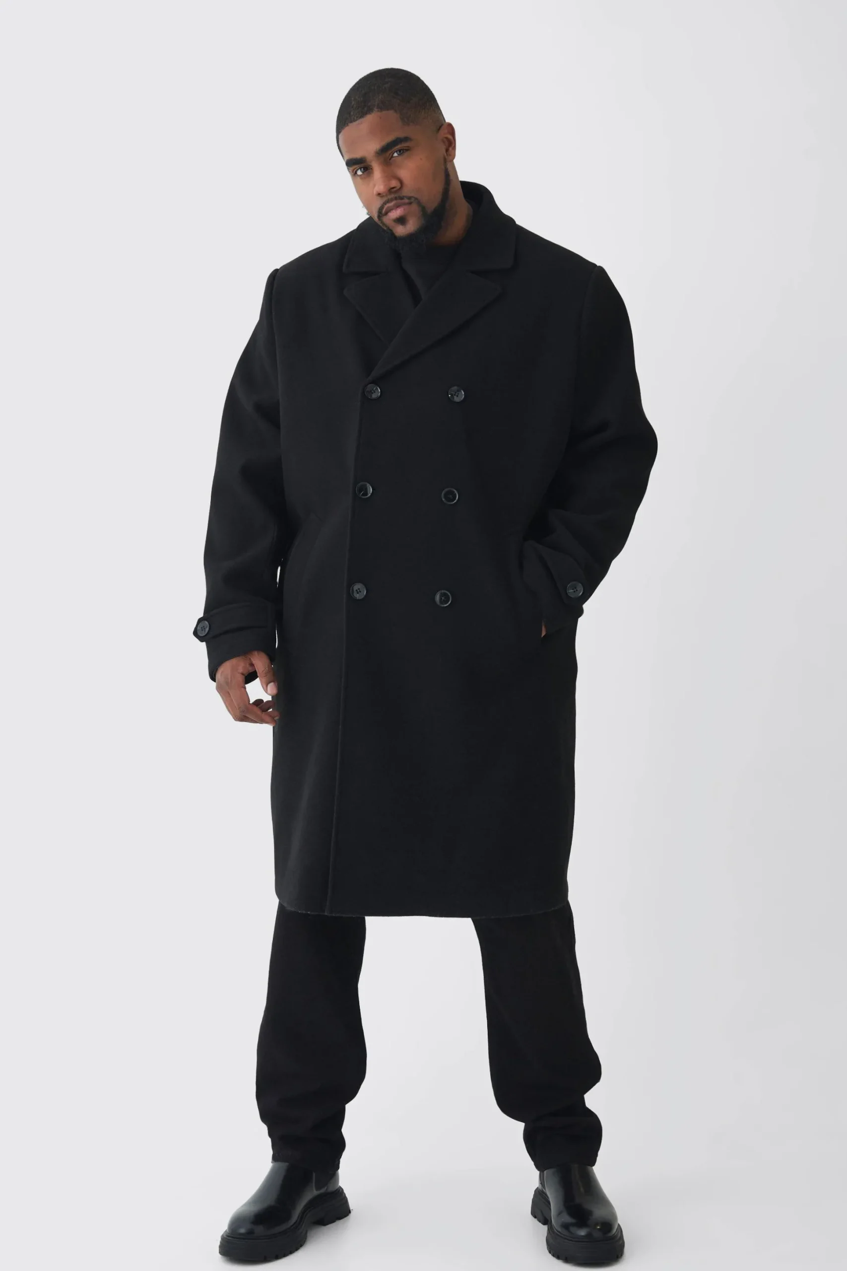Plus Double Breasted Wool Look Overcoat In Black | BoohooMAN UK