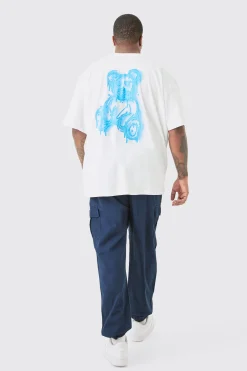 Plus Drippy Teddy Back Print Graphic T-shirt In White | BoohooMAN UK
