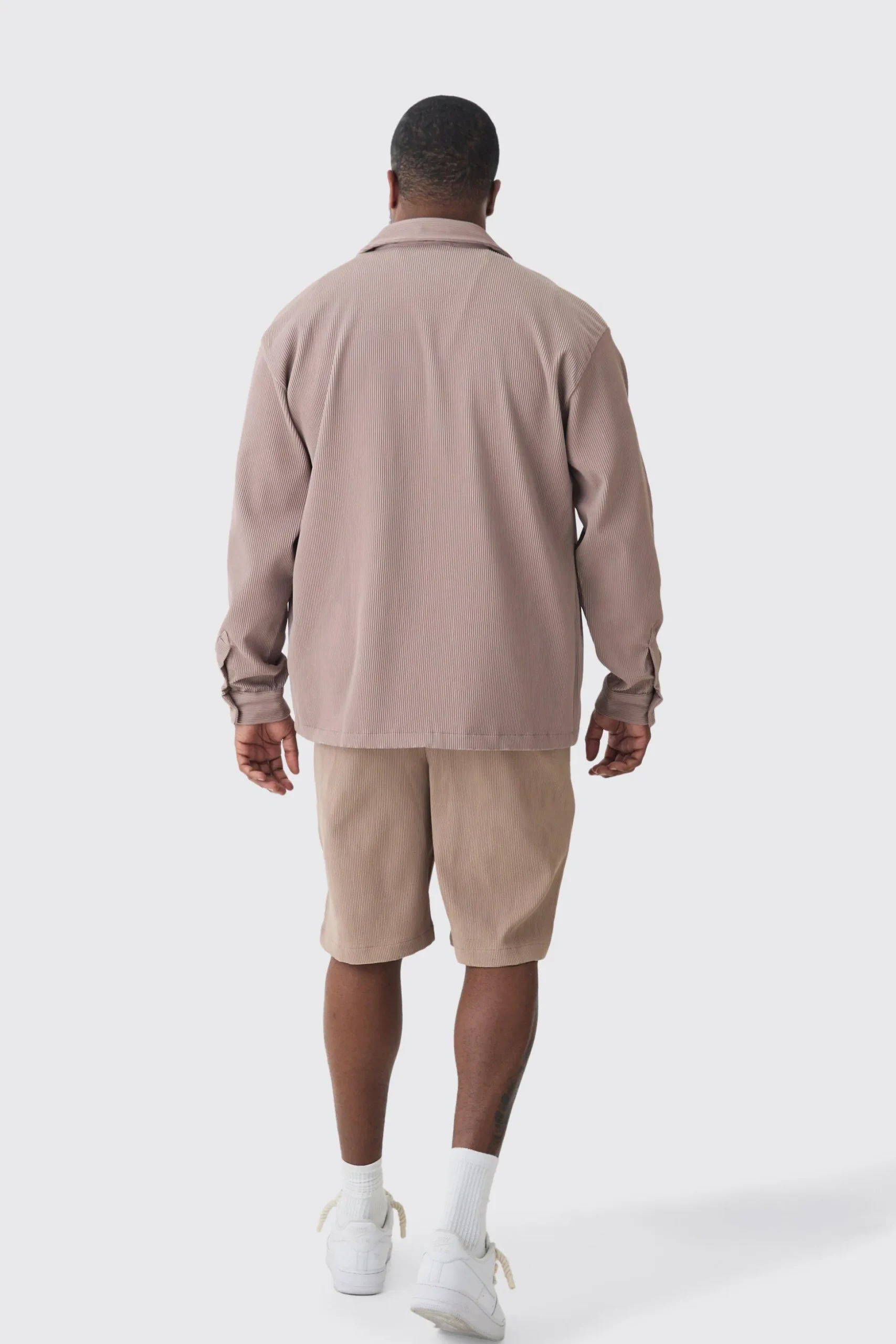Plus Drop Revere Long Sleeve Pleated Shirt In Mocha | BoohooMAN UK
