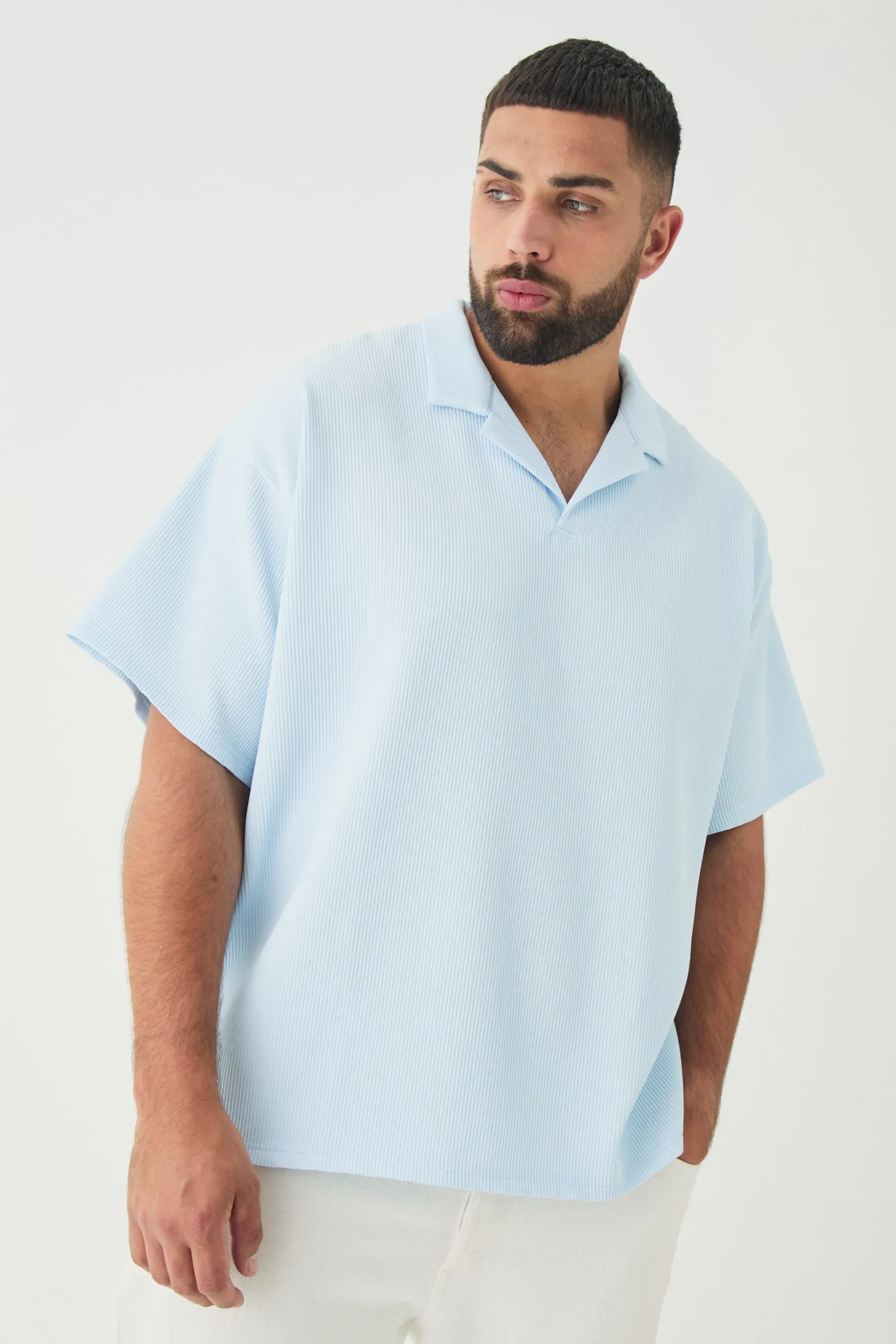 Plus Drop Revere Pleated Polo In Blue | BoohooMAN UK
