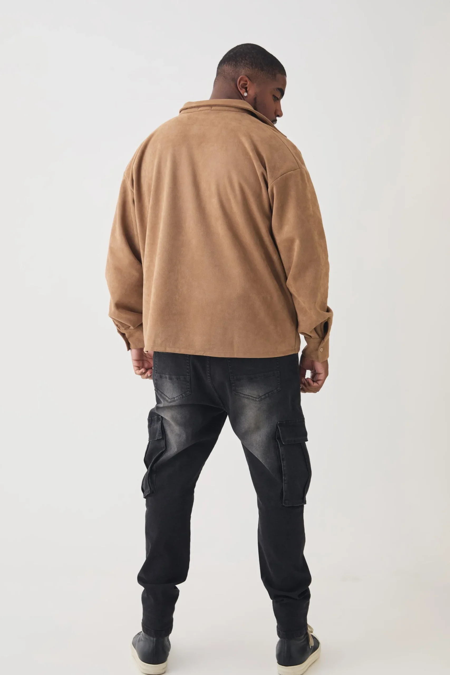 Plus Faux Suede Button Through Overshirt | BoohooMAN UK
