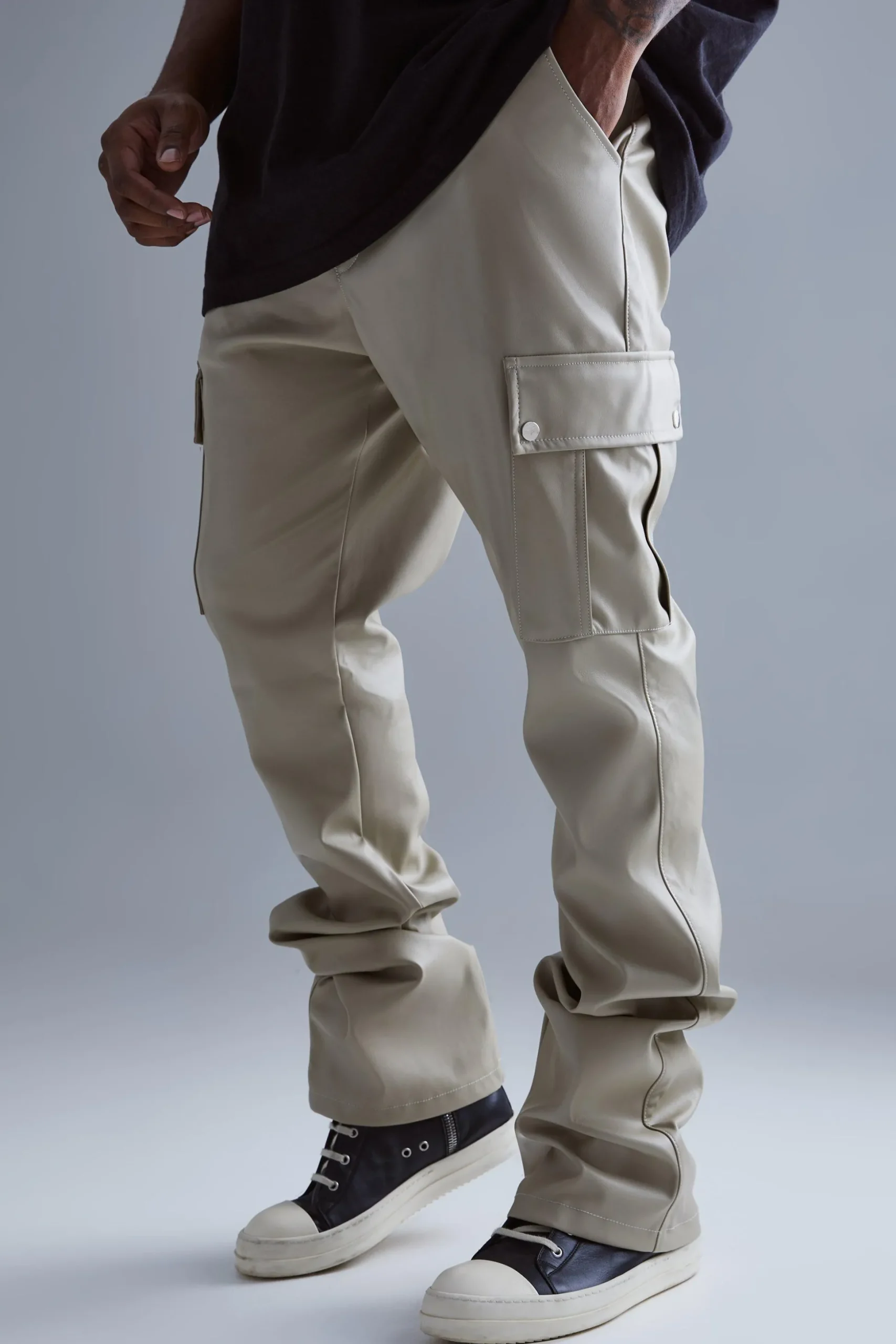 Plus Fixed Skinny Stacked Flare Pu Trouser | BoohooMAN UK