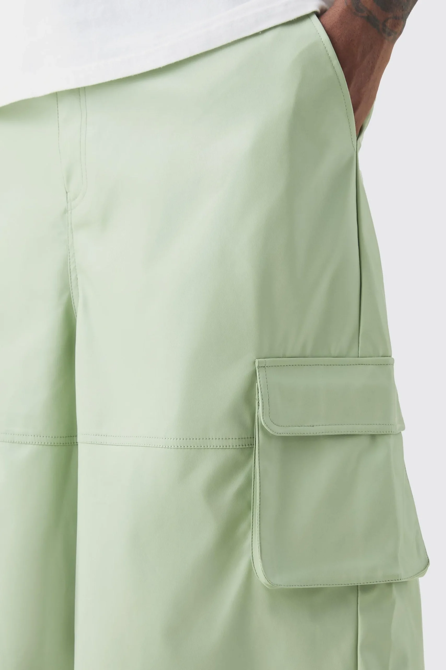 Plus Fixed Waist PU Panel Cargo Jort | BoohooMAN UK