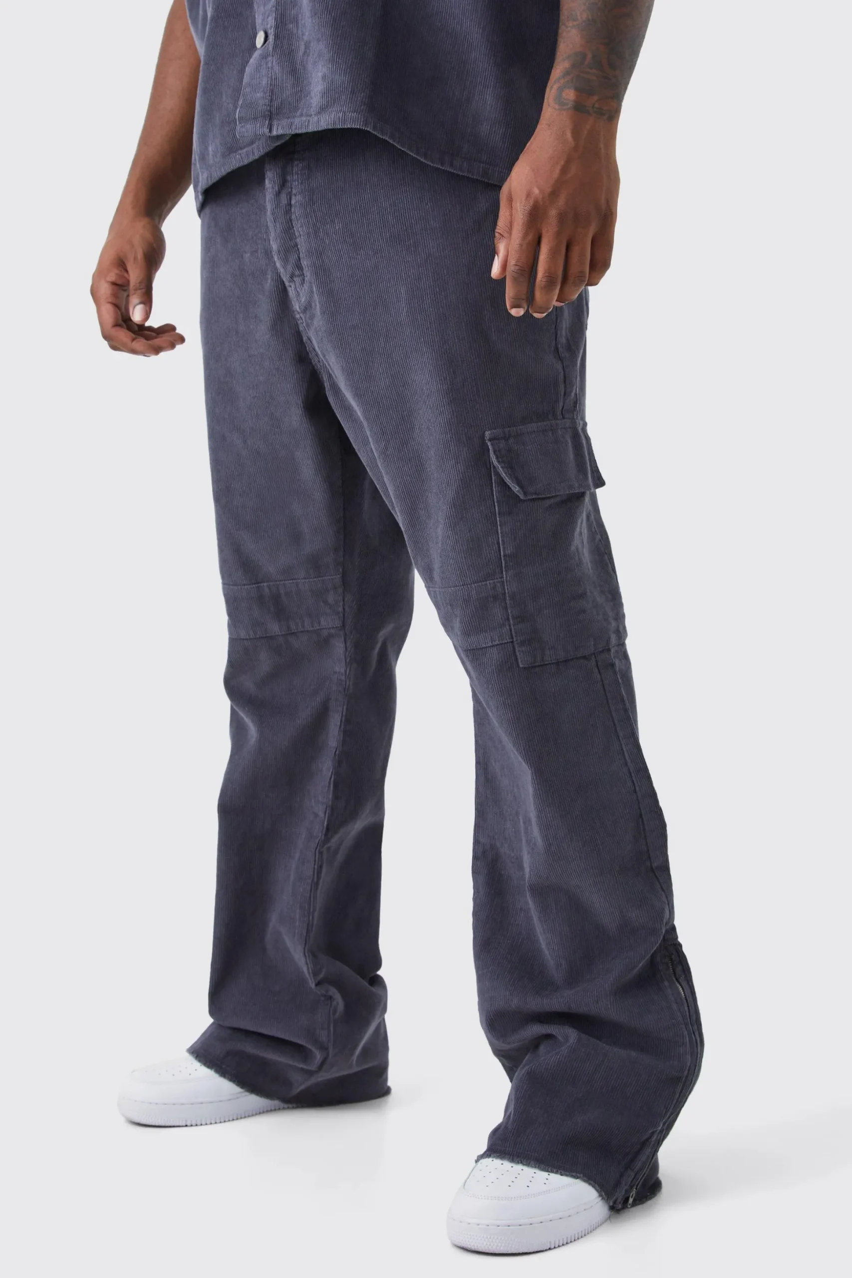 Plus Fixed Waist Slim Flare Zip Gusset Cord Cargo Trouser | BoohooMAN UK