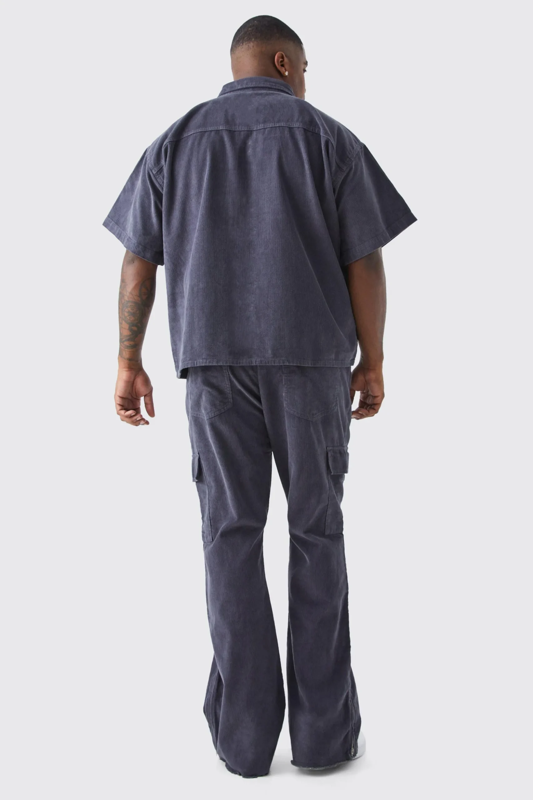 Plus Fixed Waist Slim Flare Zip Gusset Cord Cargo Trouser | BoohooMAN UK