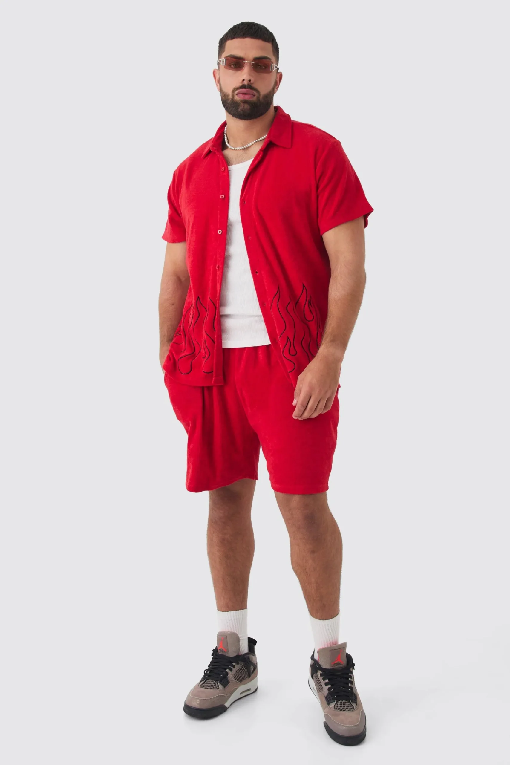 Plus Flame Embroidered Towelling Shirt & Short Set Red | BoohooMAN UK