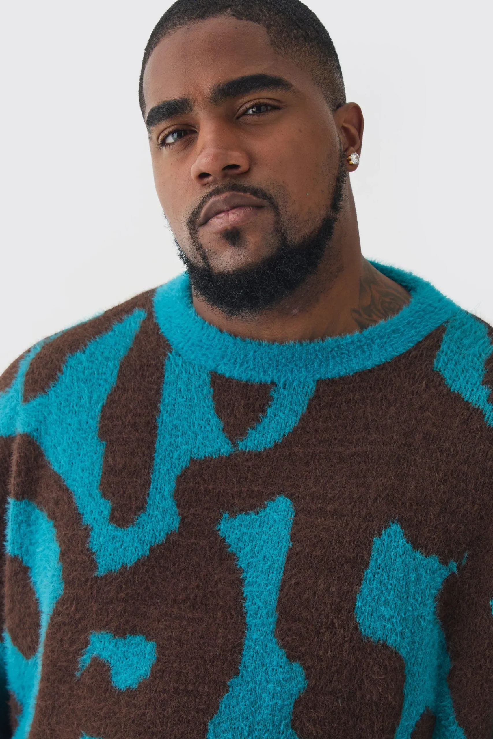 Plus Fluffy Knit Abstract Sweatshirt | BoohooMAN UK