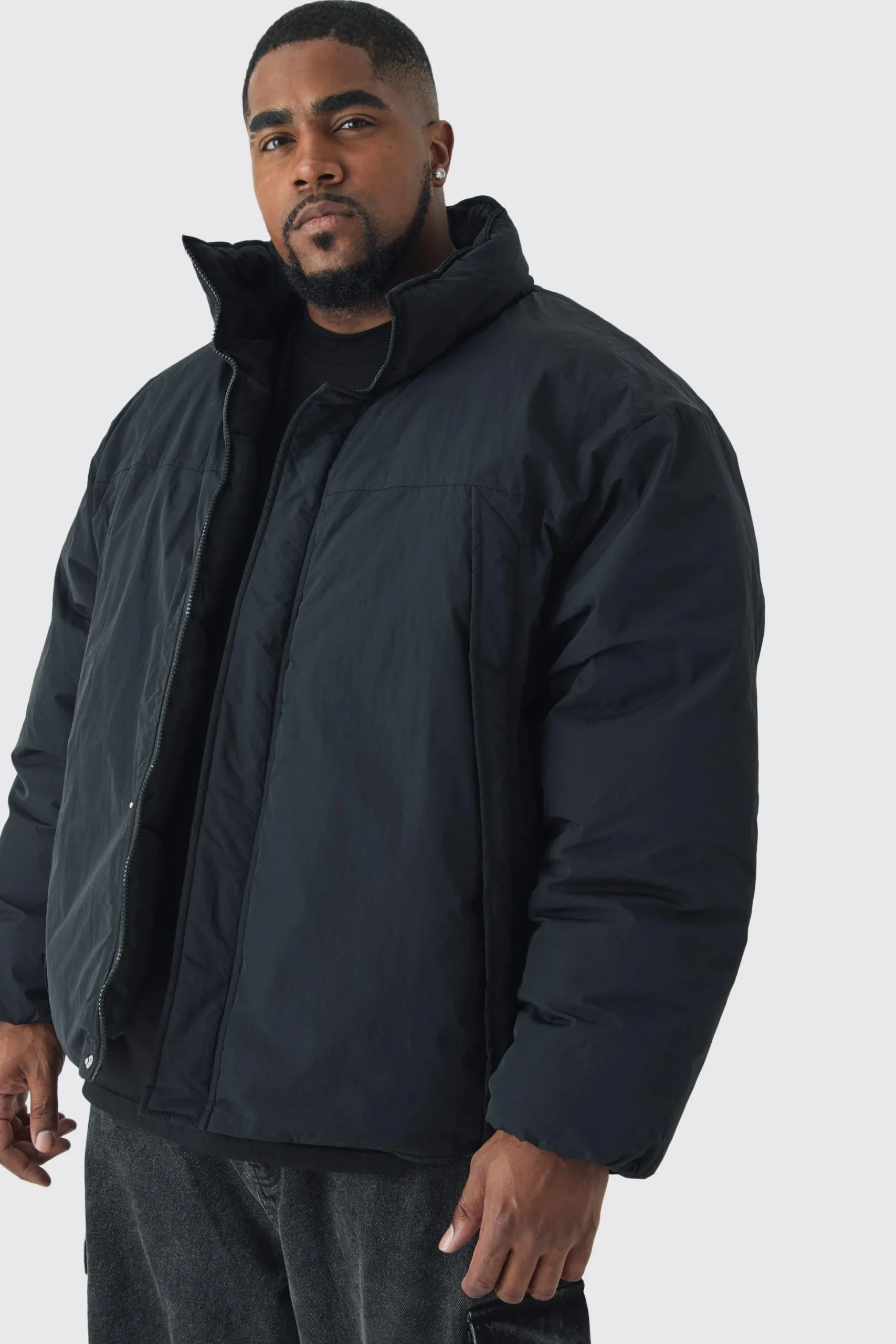Plus Funnel Neck Padded Jacket In Black | BoohooMAN UK