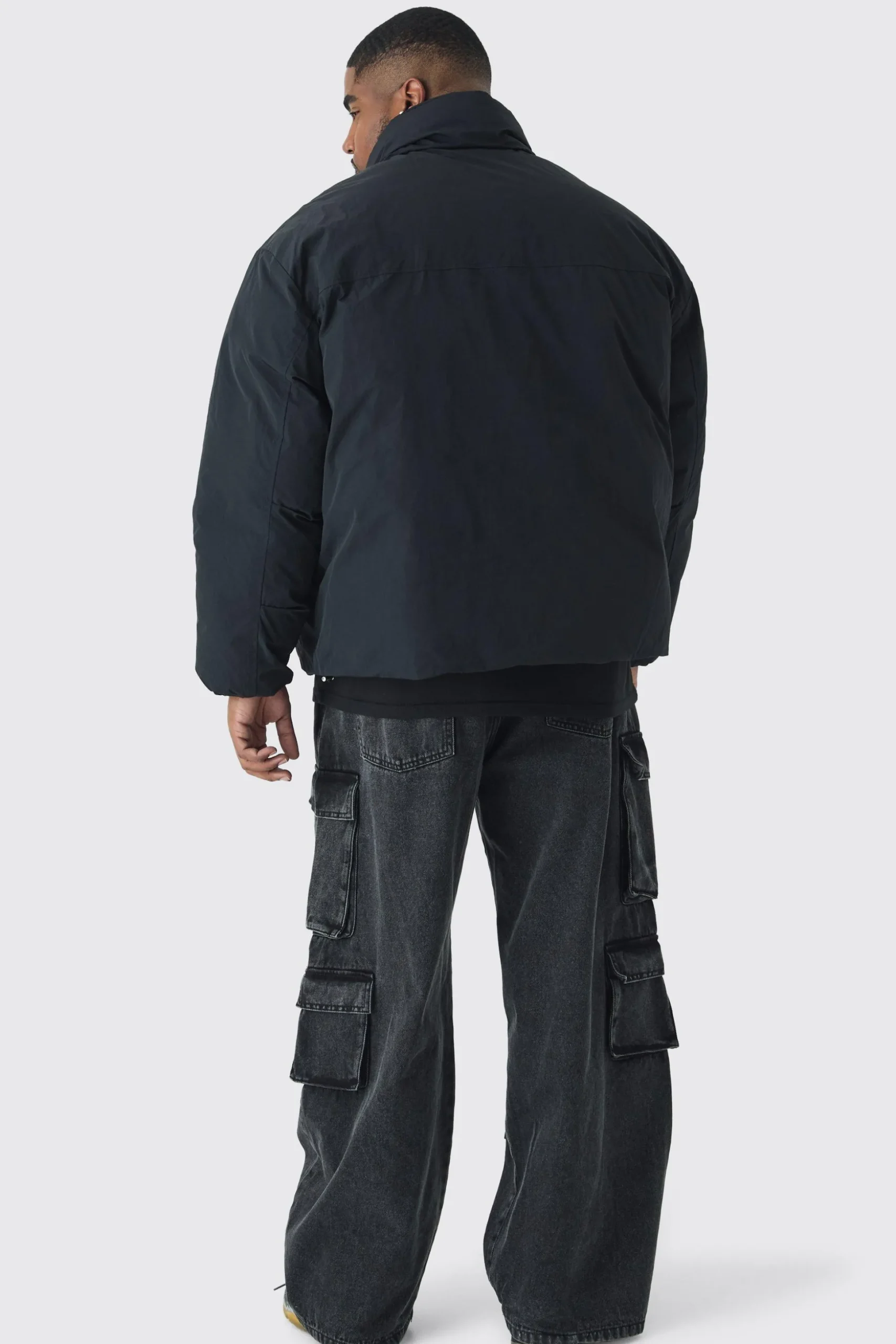 Plus Funnel Neck Padded Jacket In Black | BoohooMAN UK