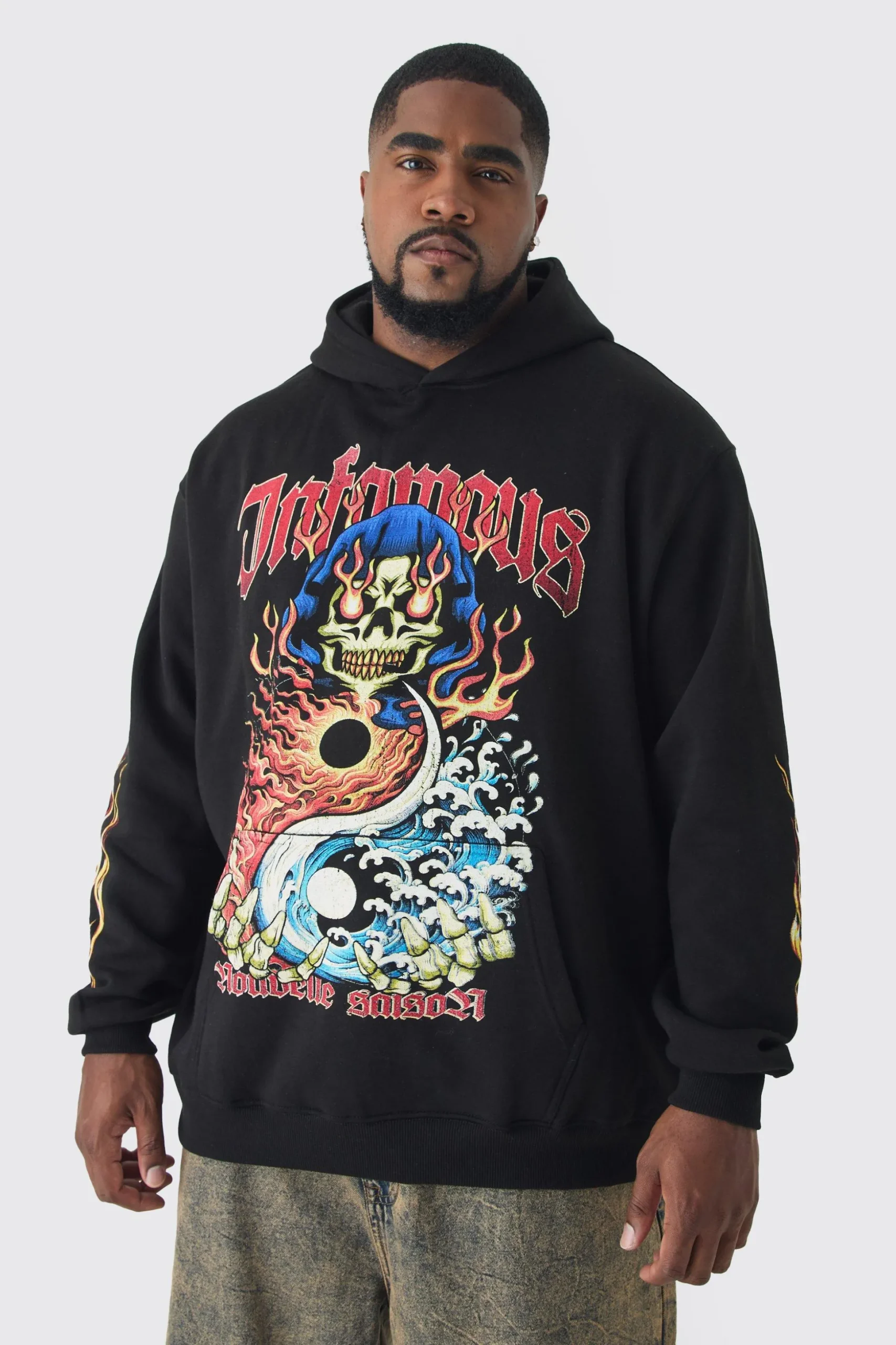 Plus Infamous Flame Print Hoodie In Black | BoohooMAN UK