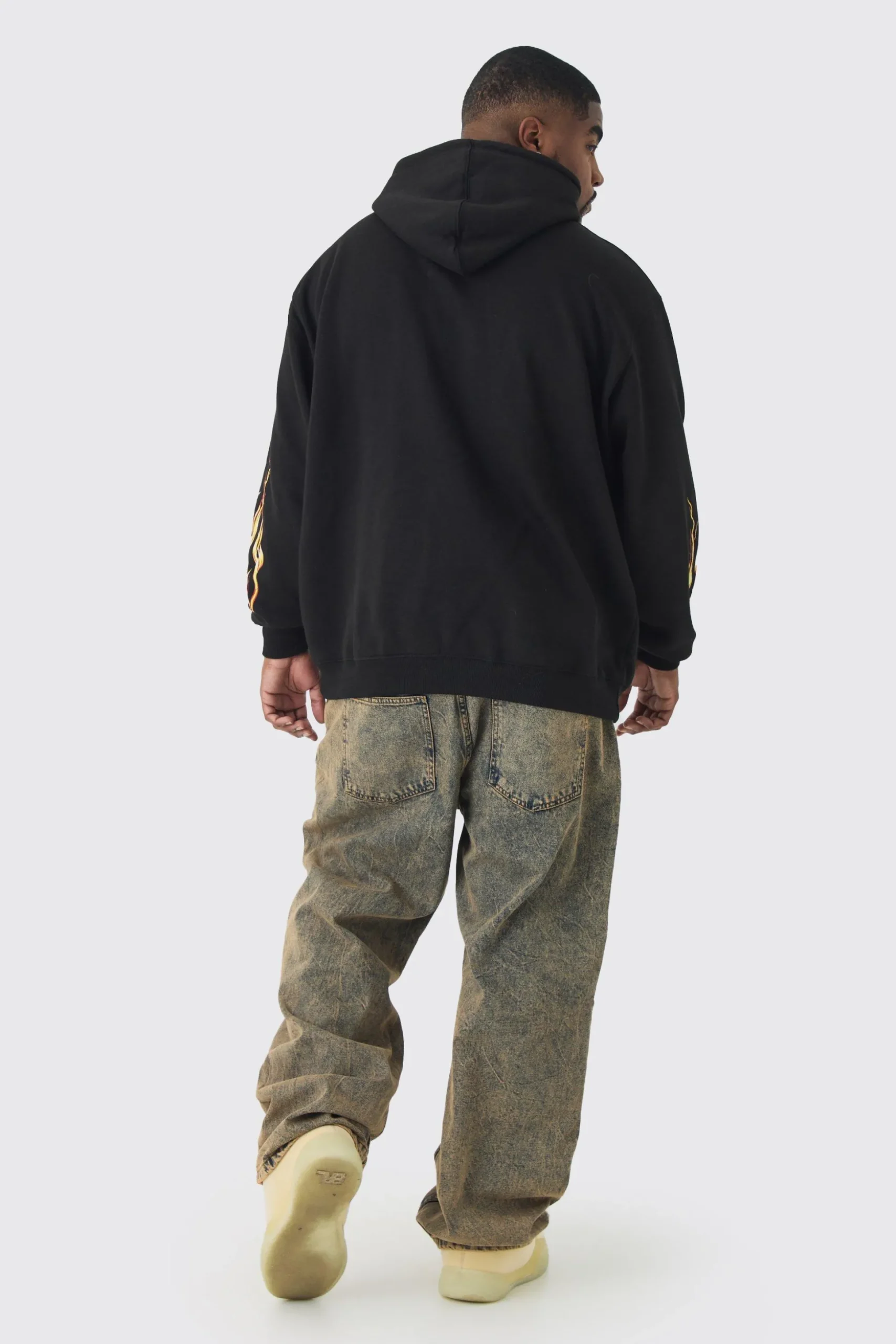 Plus Infamous Flame Print Hoodie In Black | BoohooMAN UK