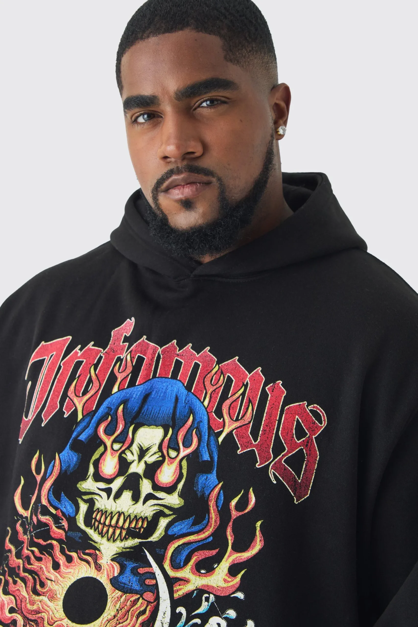 Plus Infamous Flame Print Hoodie In Black | BoohooMAN UK