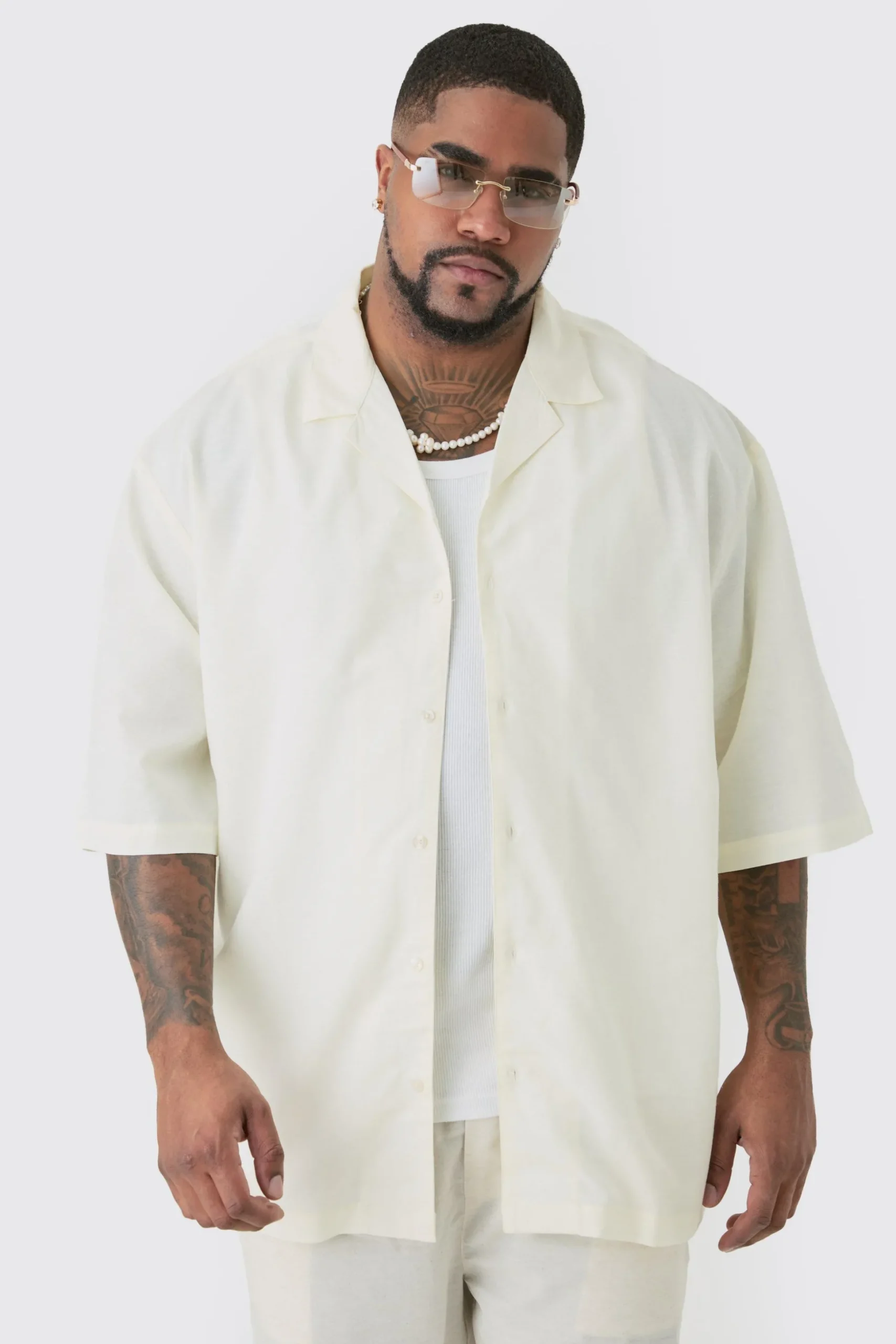 Plus Linen Drop Revere Shirt In Ecru | BoohooMAN UK