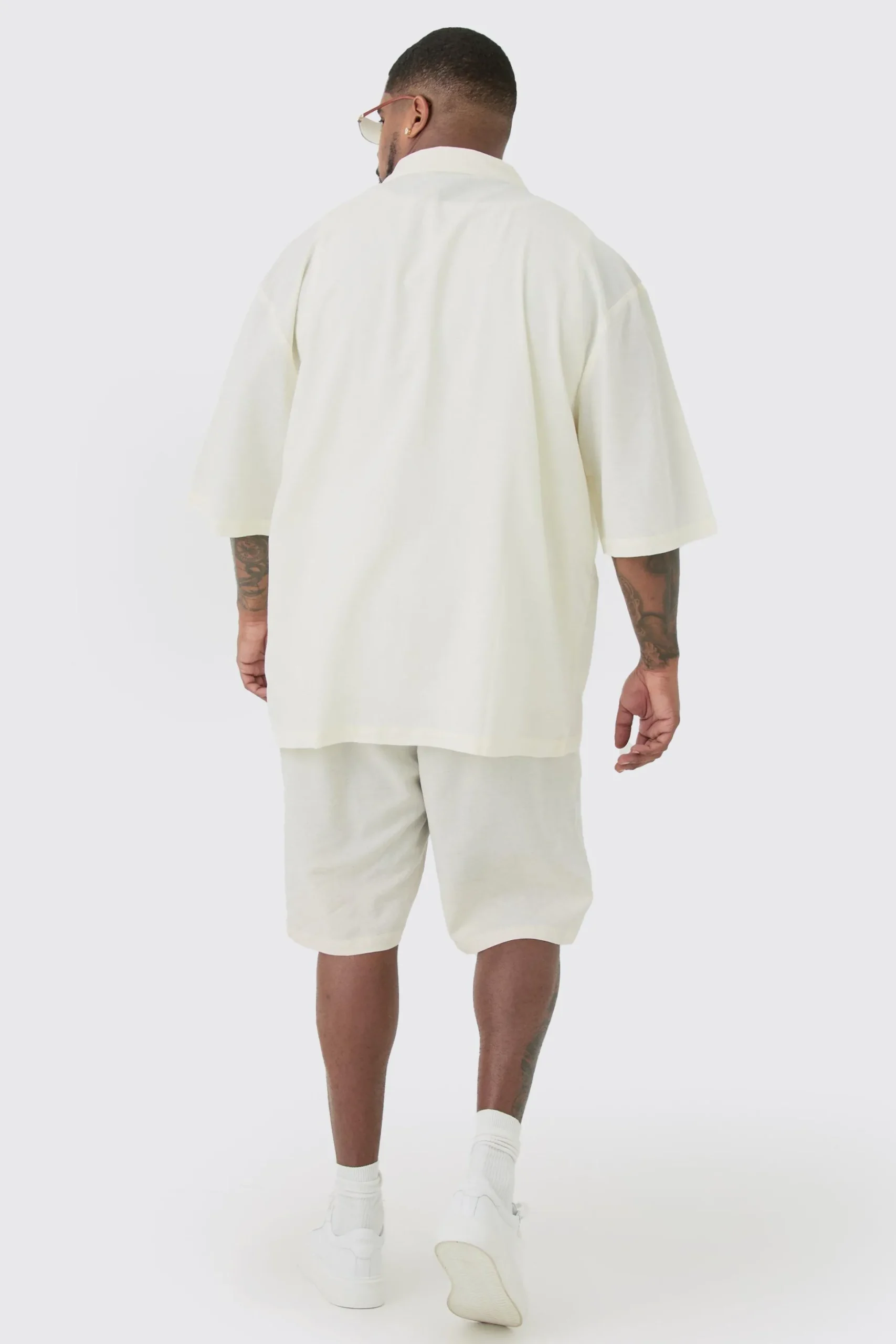 Plus Linen Drop Revere Shirt In Ecru | BoohooMAN UK
