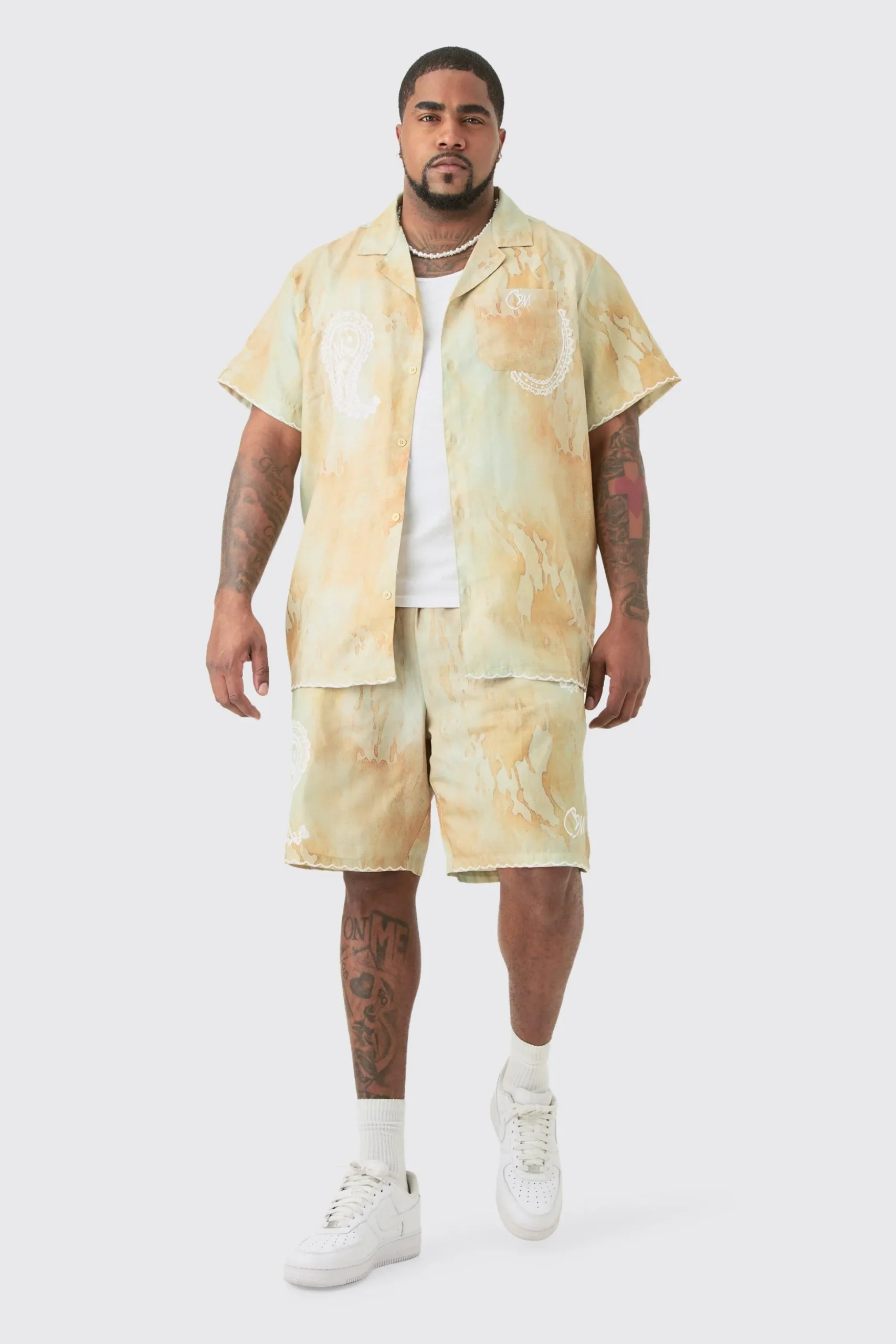 Plus Linen Look Tie Dye Paisley Embroidered Shirt & Short Set | BoohooMAN UK