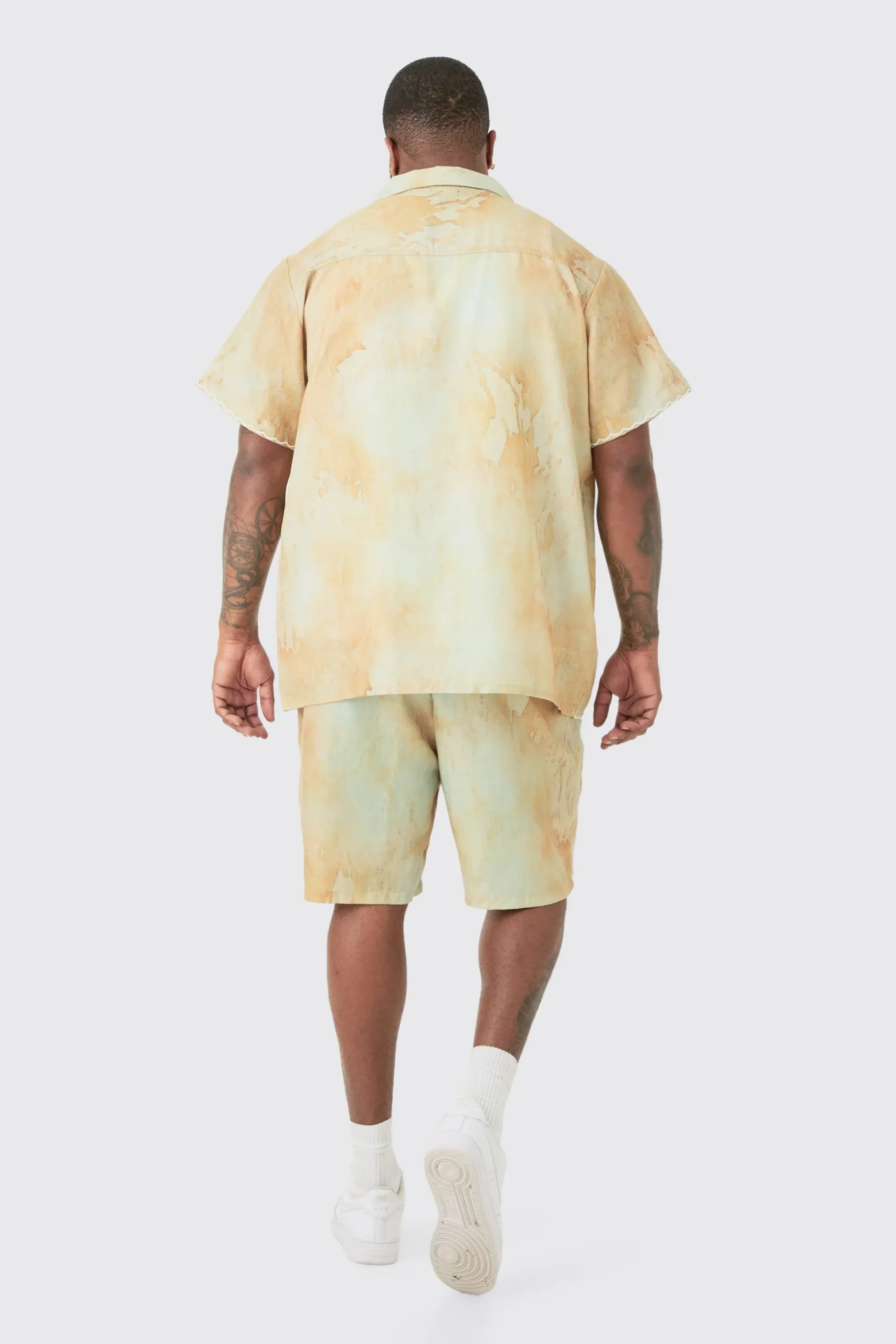 Plus Linen Look Tie Dye Paisley Embroidered Shirt & Short Set | BoohooMAN UK