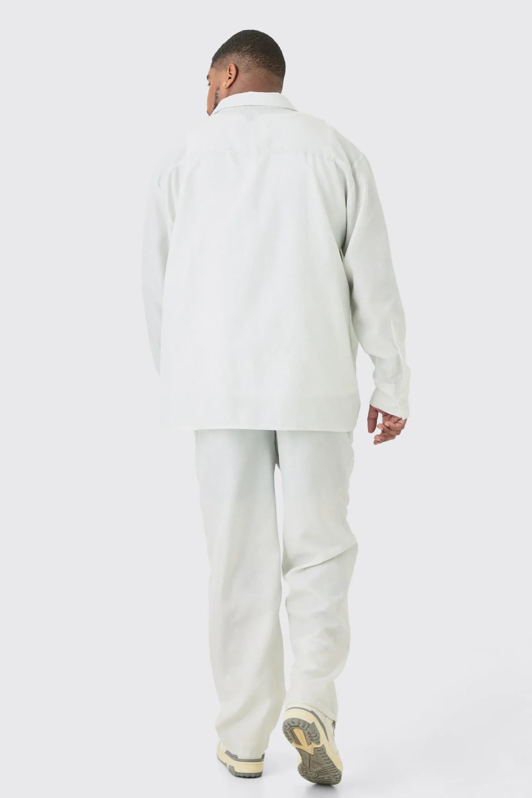 Plus Long Sleeve Tonal Floral Plus Linen Look Shirt & Trouser Set | BoohooMAN UK