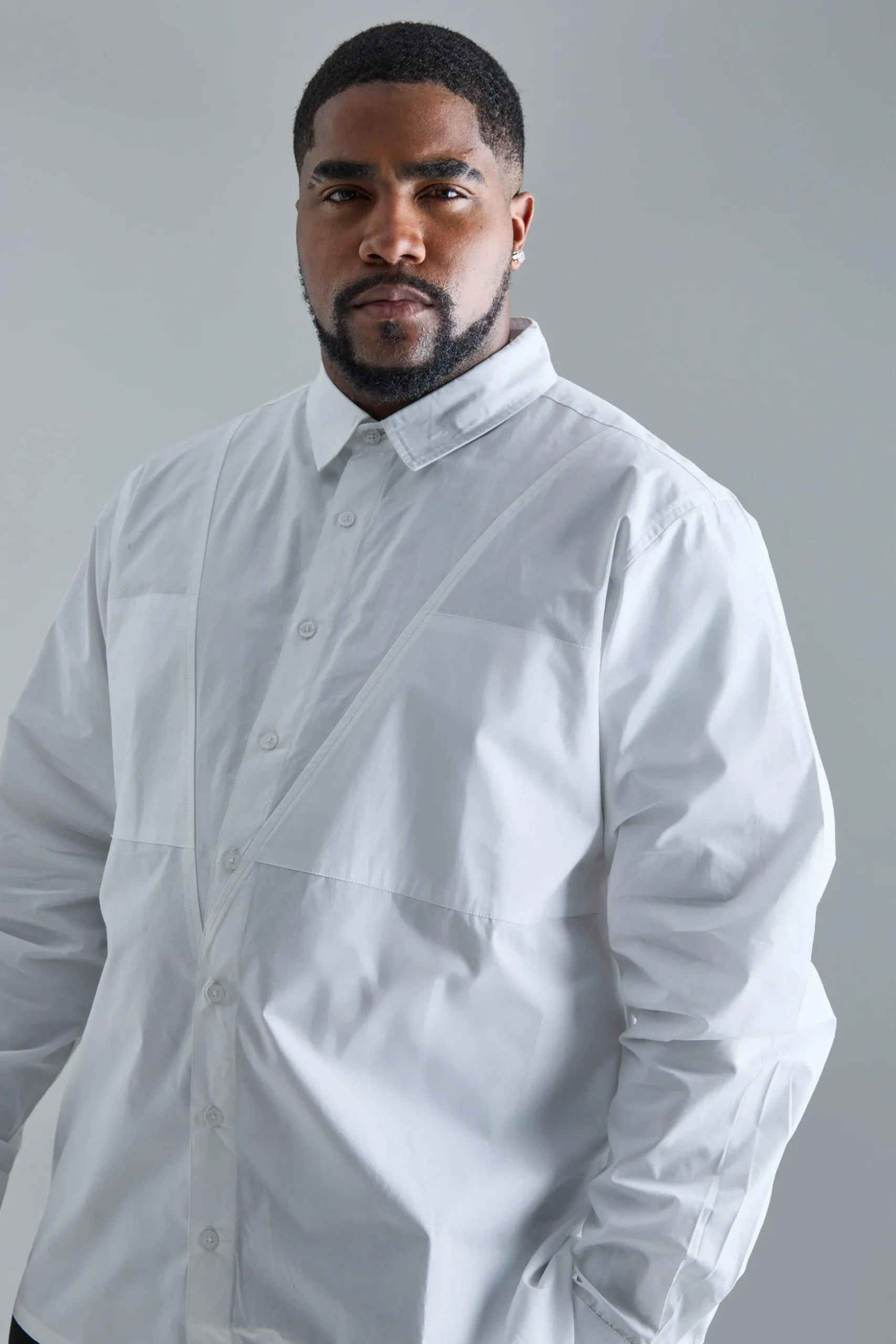 Plus Longsleeve Poplin Panel Shirt | BoohooMAN UK