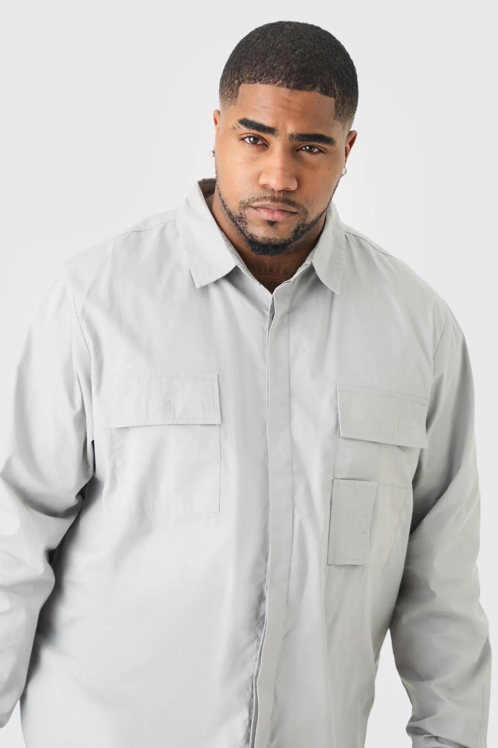 Plus Longsleeve Poplin Utility Layered Shirt | BoohooMAN UK