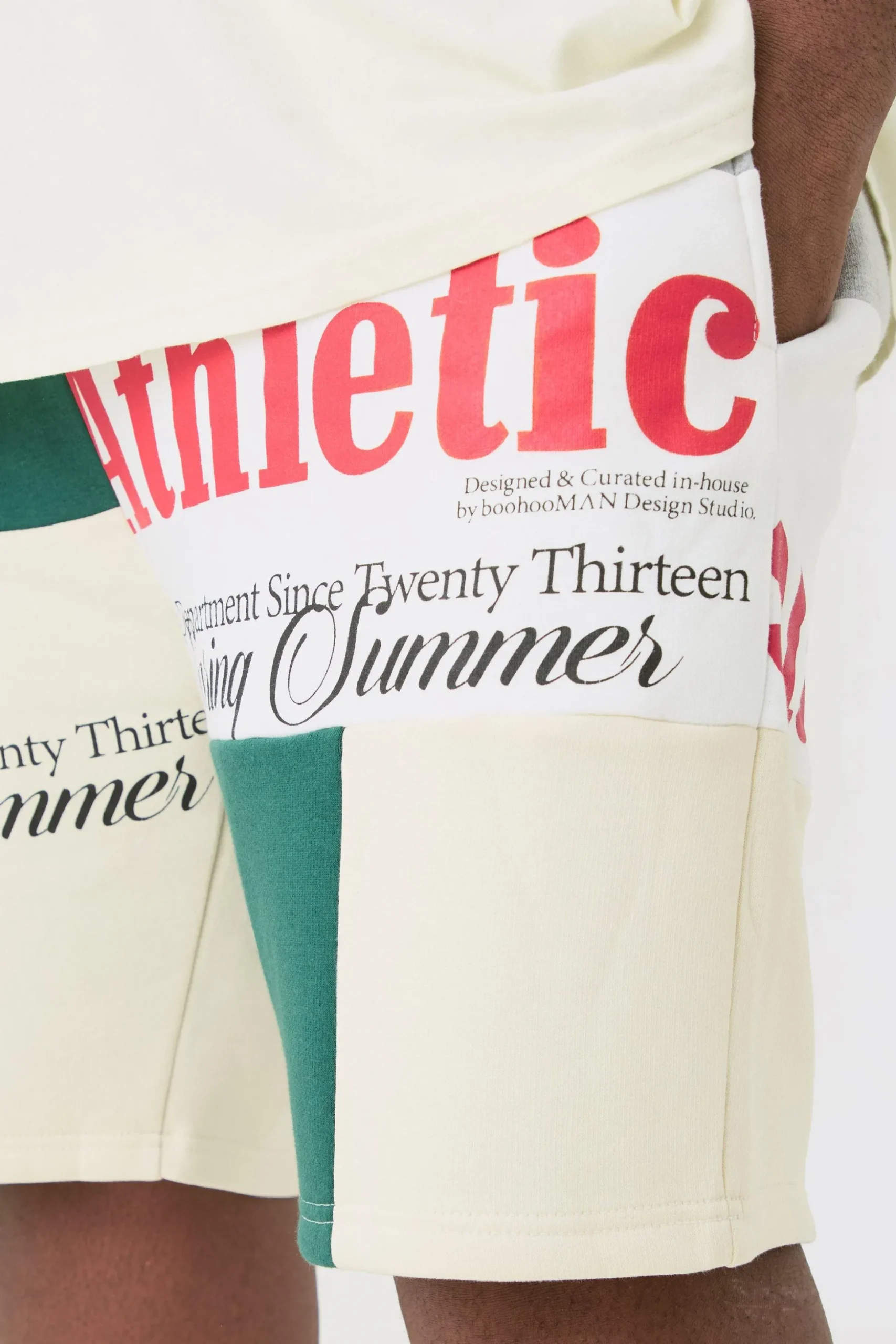 Plus Loose Fit Graphic Patchwork Jersey Short In Ecru | BoohooMAN UK