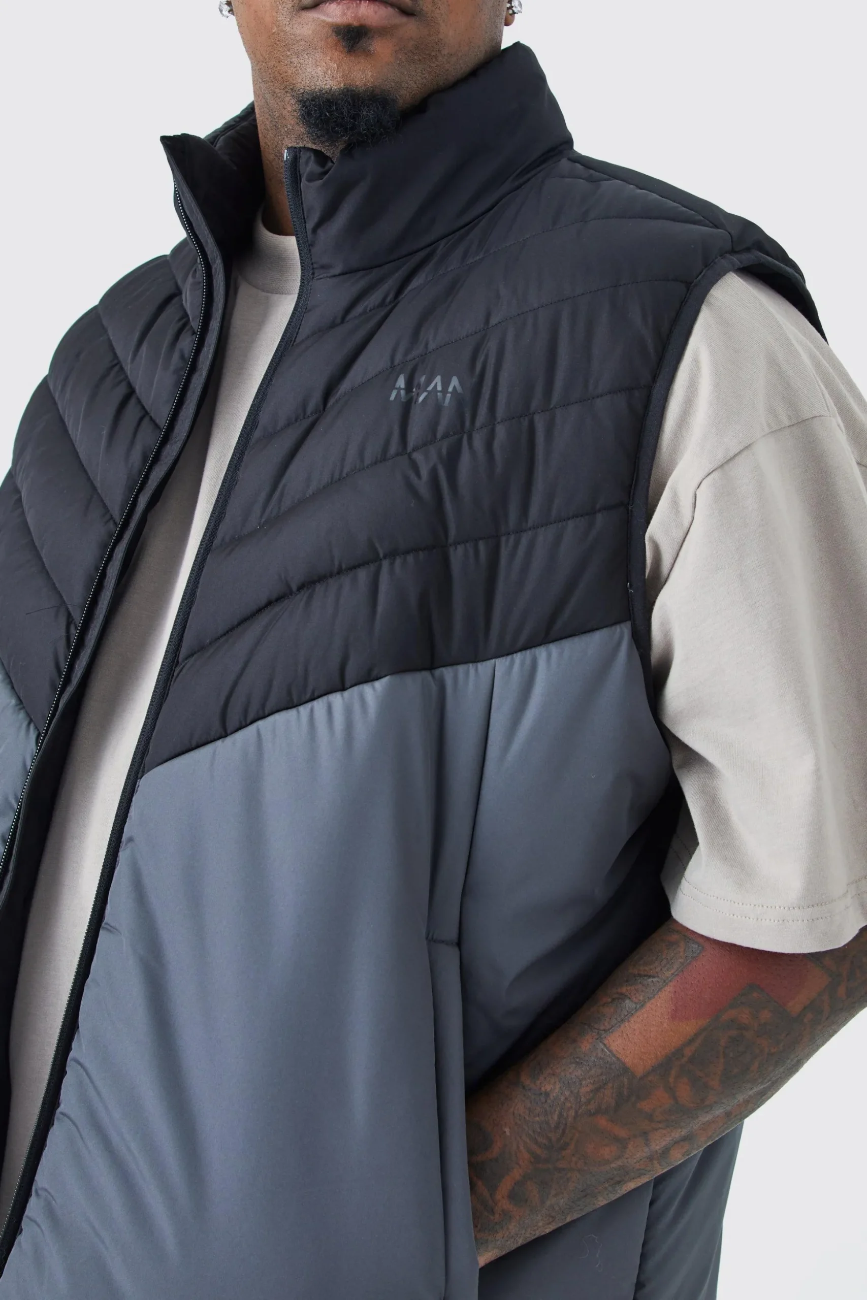Plus Man Colour Block Quilted Funnel Neck Gilet | BoohooMAN UK