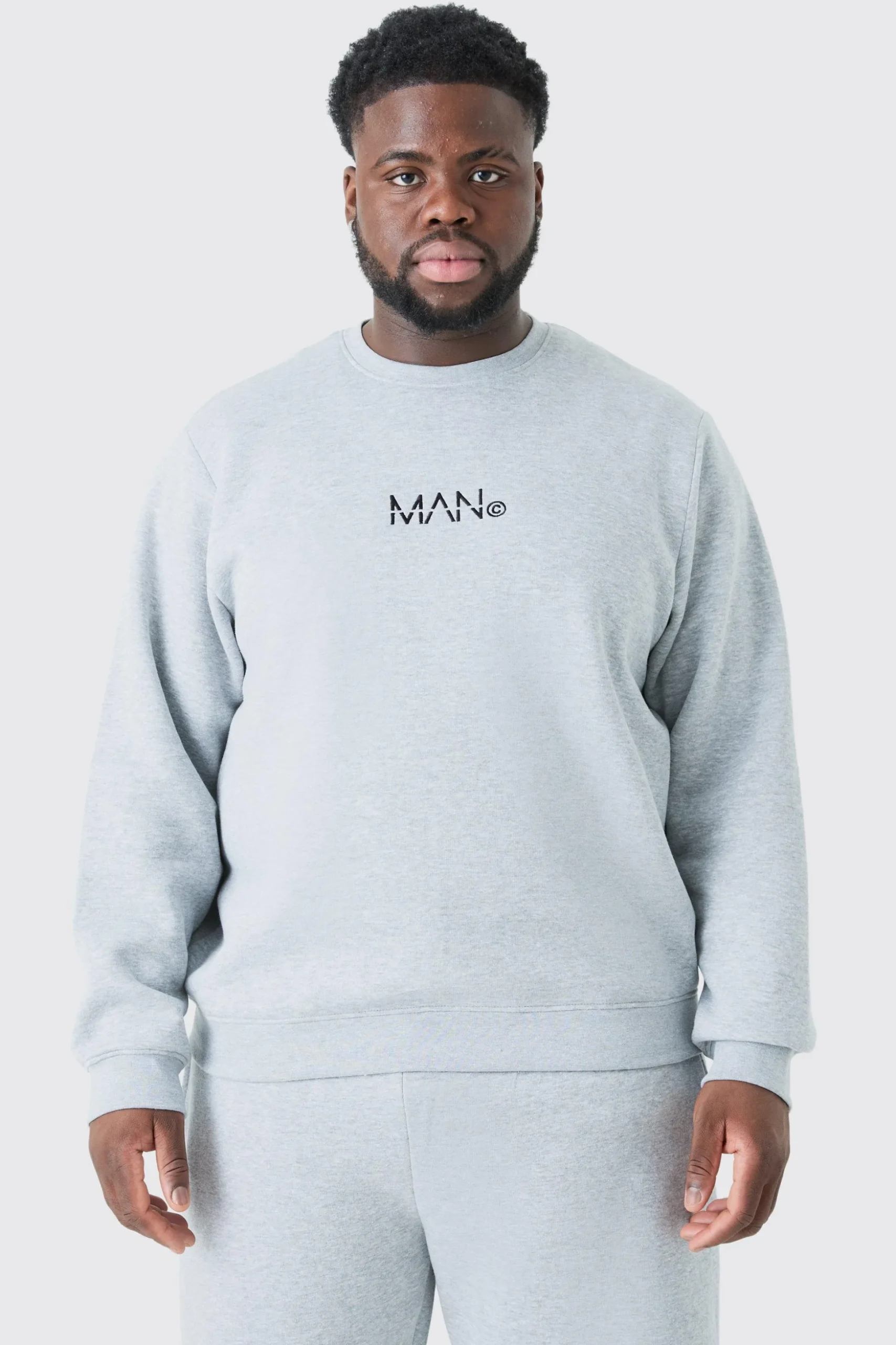 Plus Man Dash Crew Neck Sweatshirt In Grey Marl | BoohooMAN UK