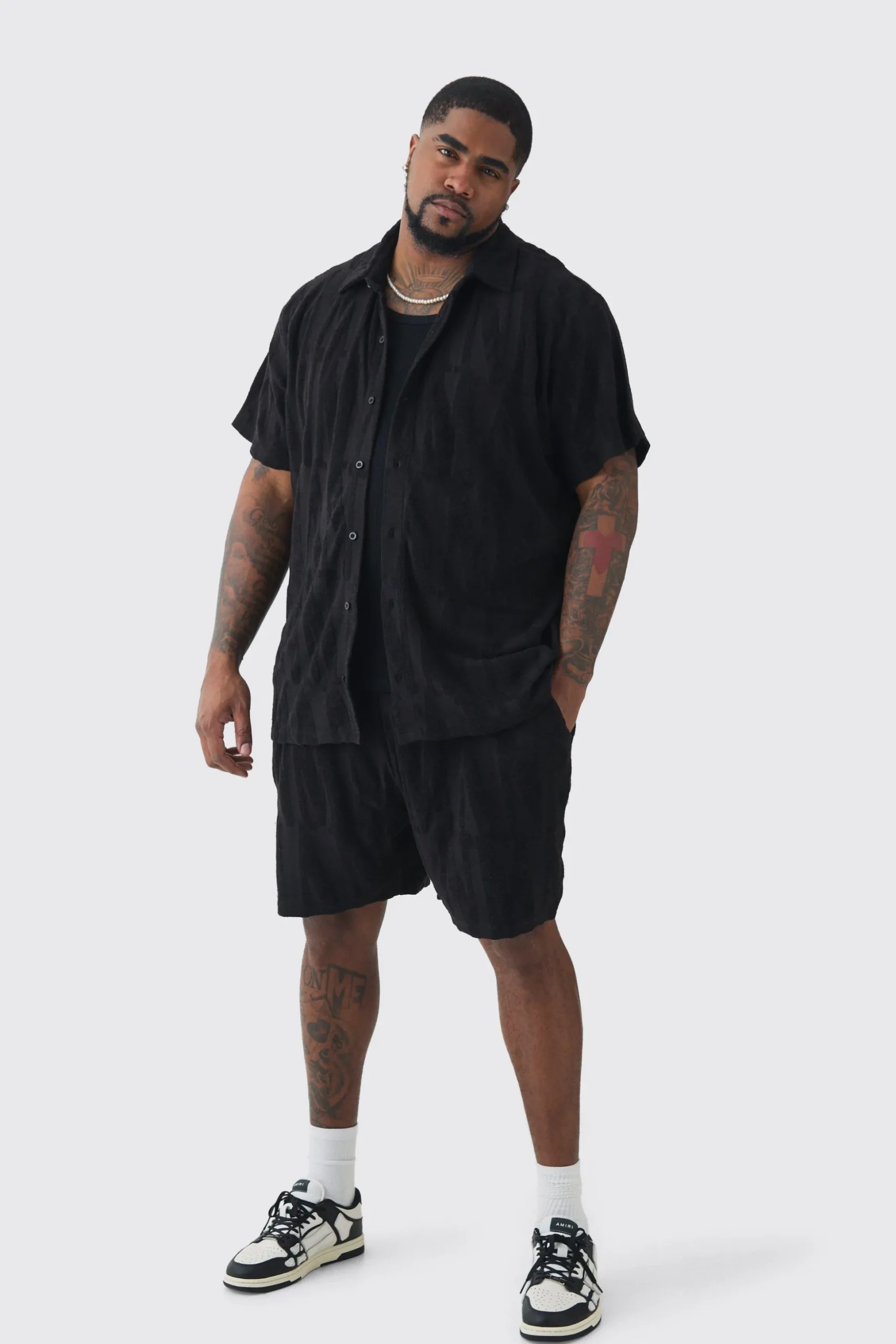 Plus Man Embossed Towelling Shirt & Short Set Black | BoohooMAN UK