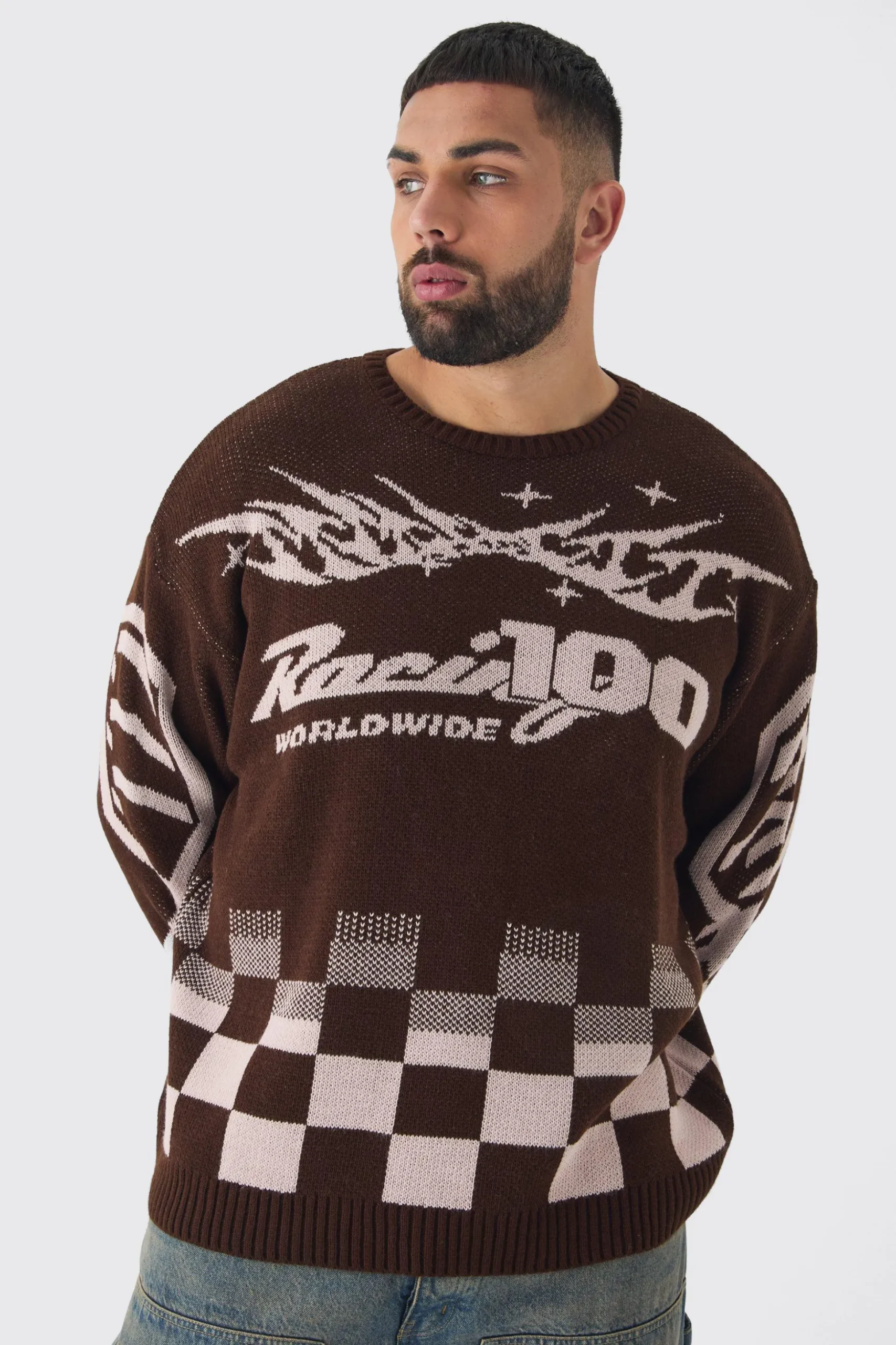Plus Moto Crew Neck Knitted Jumper In Brown | BoohooMAN UK