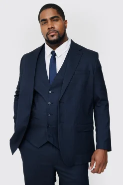 Plus Navy Pinstripe Regular Fit Suit | BoohooMAN UK