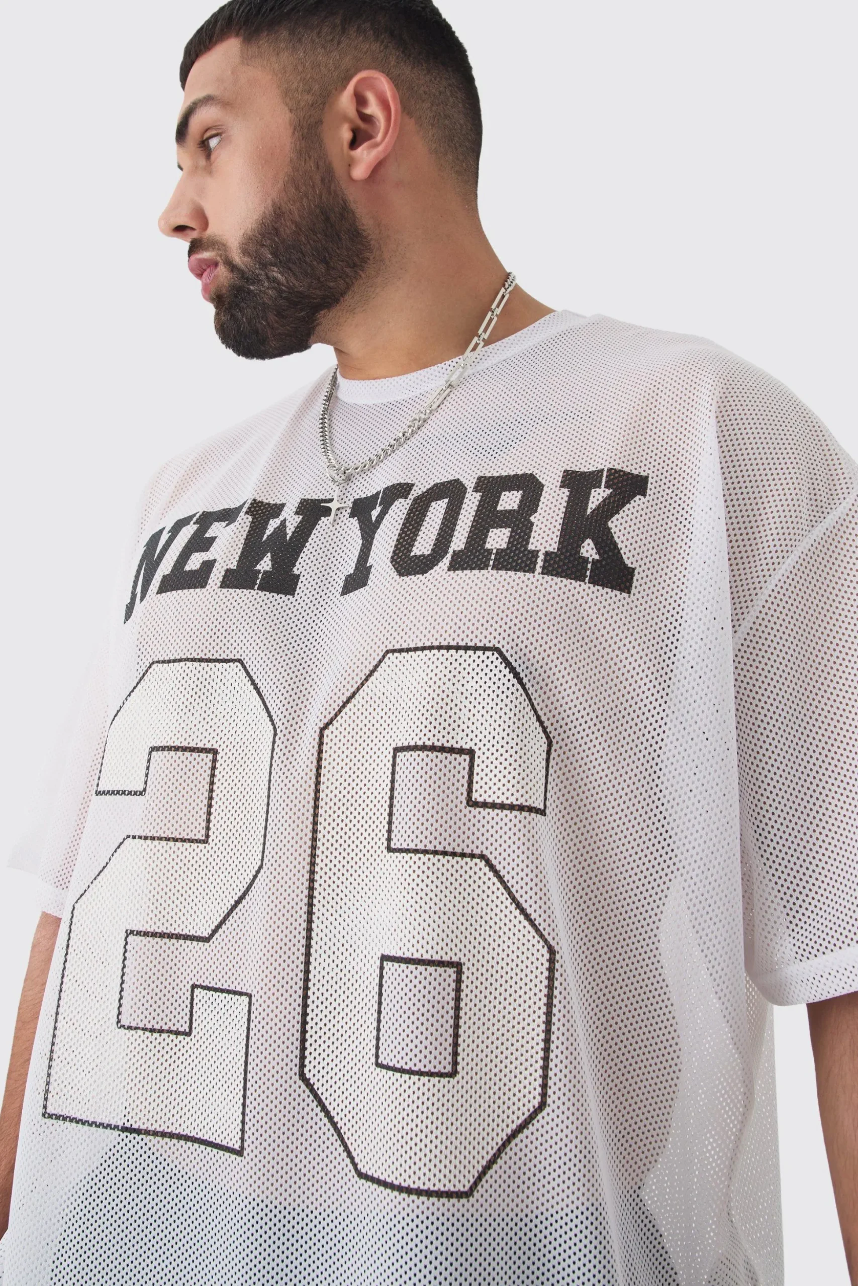 Plus New York Printed Varsity Mesh Basketball T-shirt In White | BoohooMAN UK