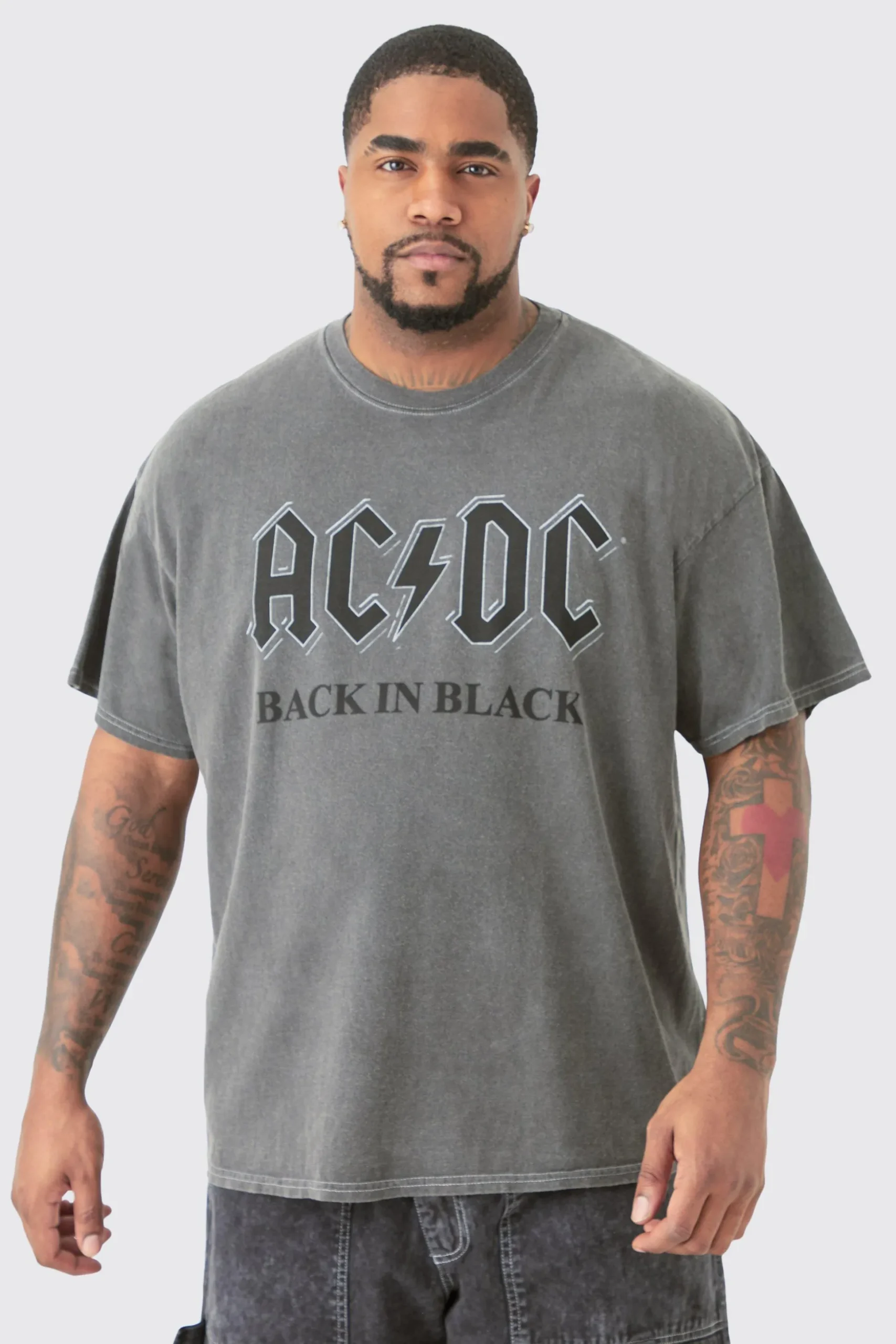 Plus Oversize Acdc Acid Wash License T-shirt Grey | BoohooMAN UK