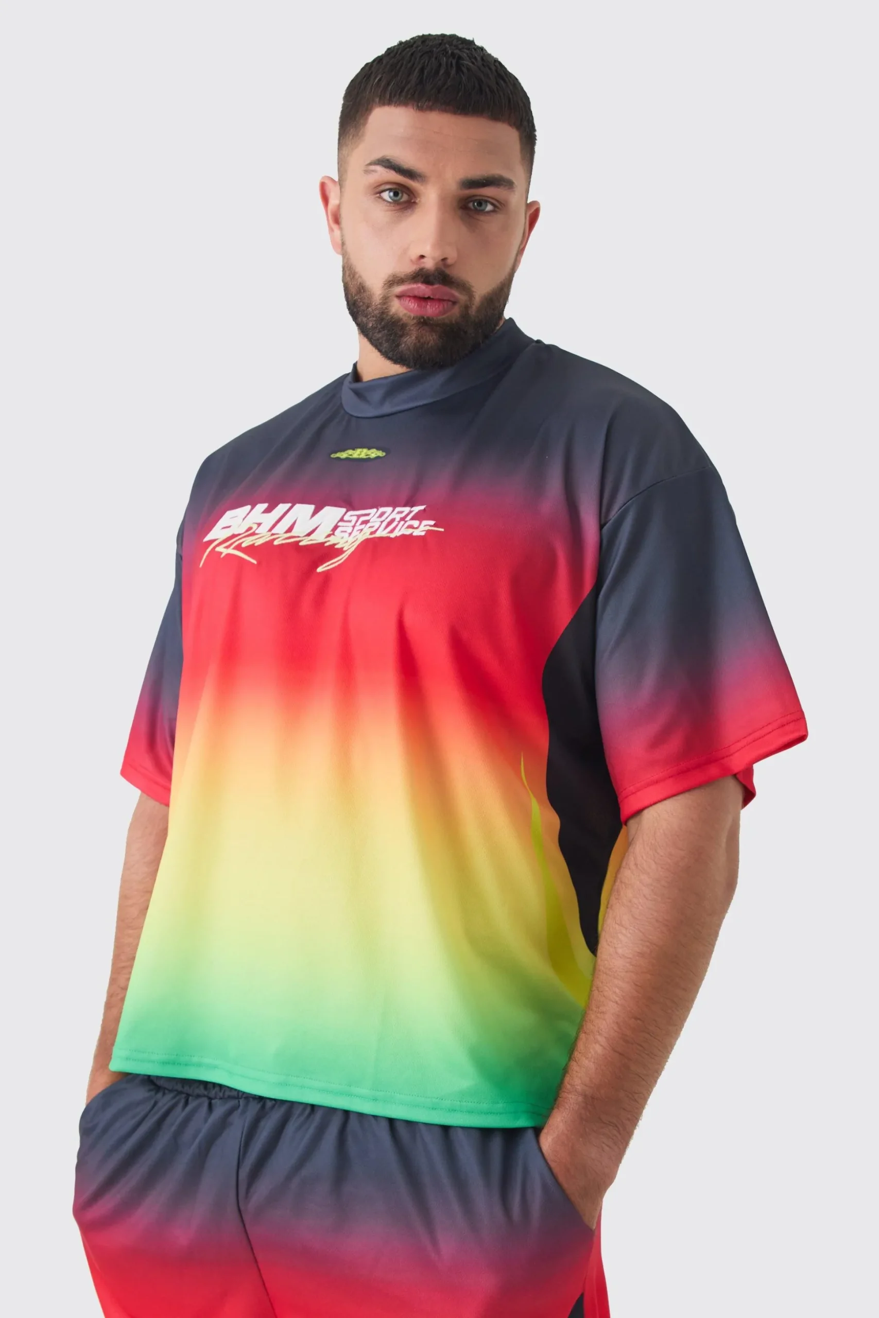 Plus Oversized Boxy Mesh Applique Ombre Printed T-shirt | BoohooMAN UK