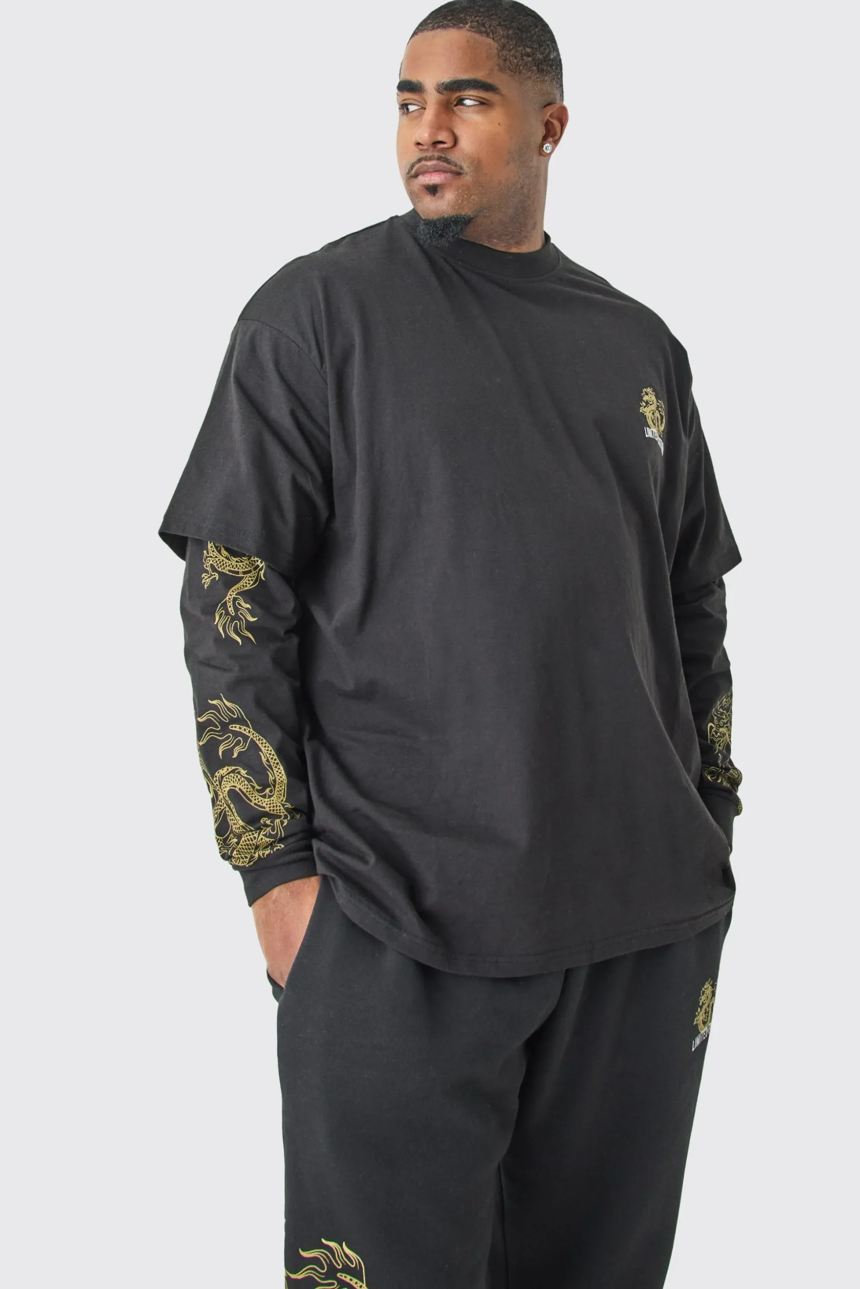 Plus Oversized Dragon Faux Layer T-shirt Tracksuit | BoohooMAN UK
