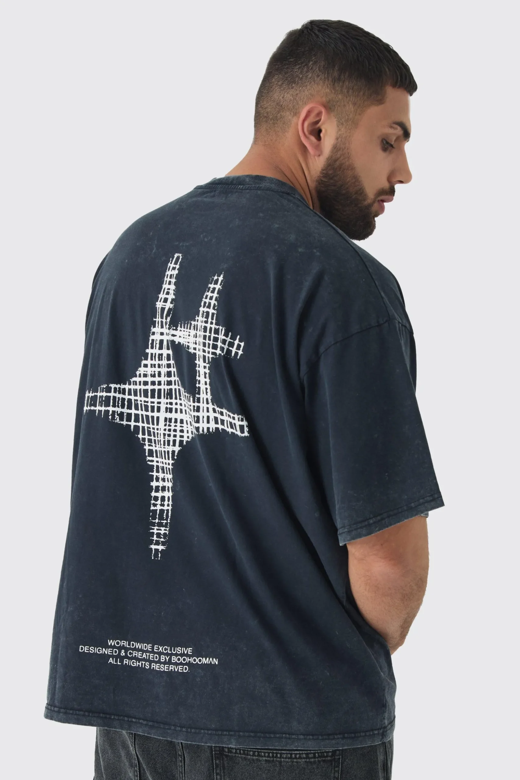 Plus Oversized Extended Neck Acid Wash Print T-shirt | BoohooMAN UK