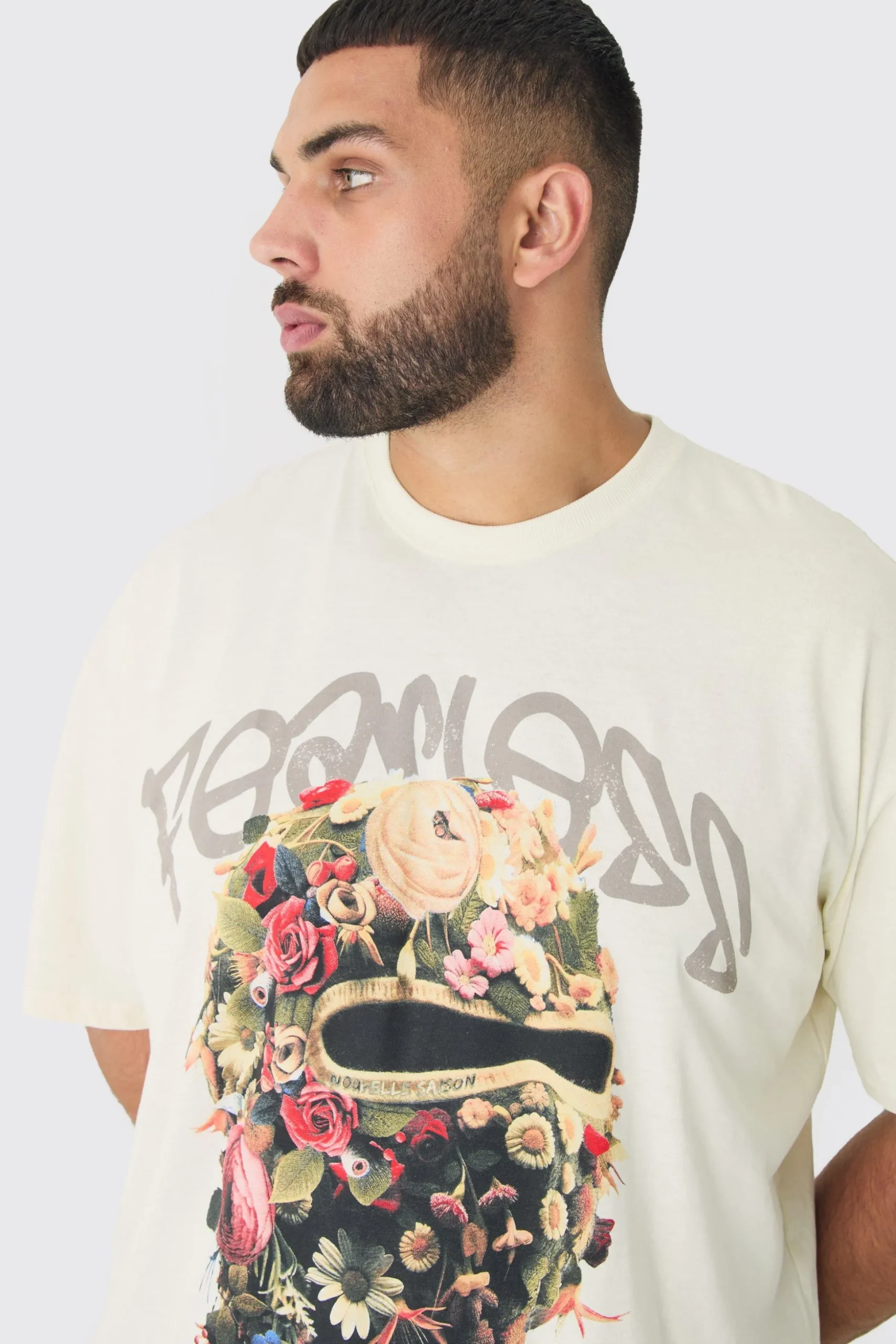 Plus Oversized Fearless Floral Balaclava T-shirt | BoohooMAN UK