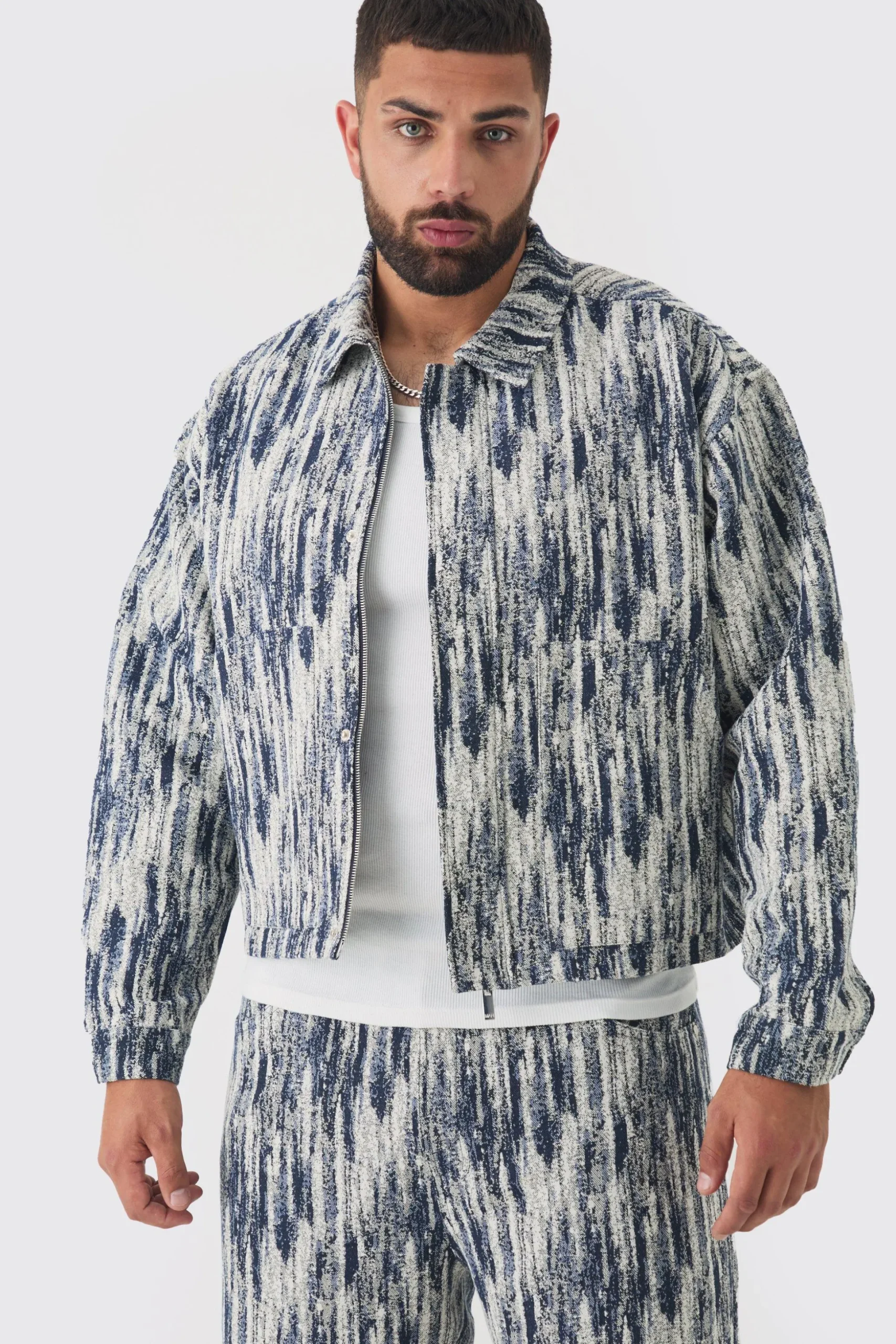 Plus Oversized Fit Fabric Interest Denim Jacket | BoohooMAN UK