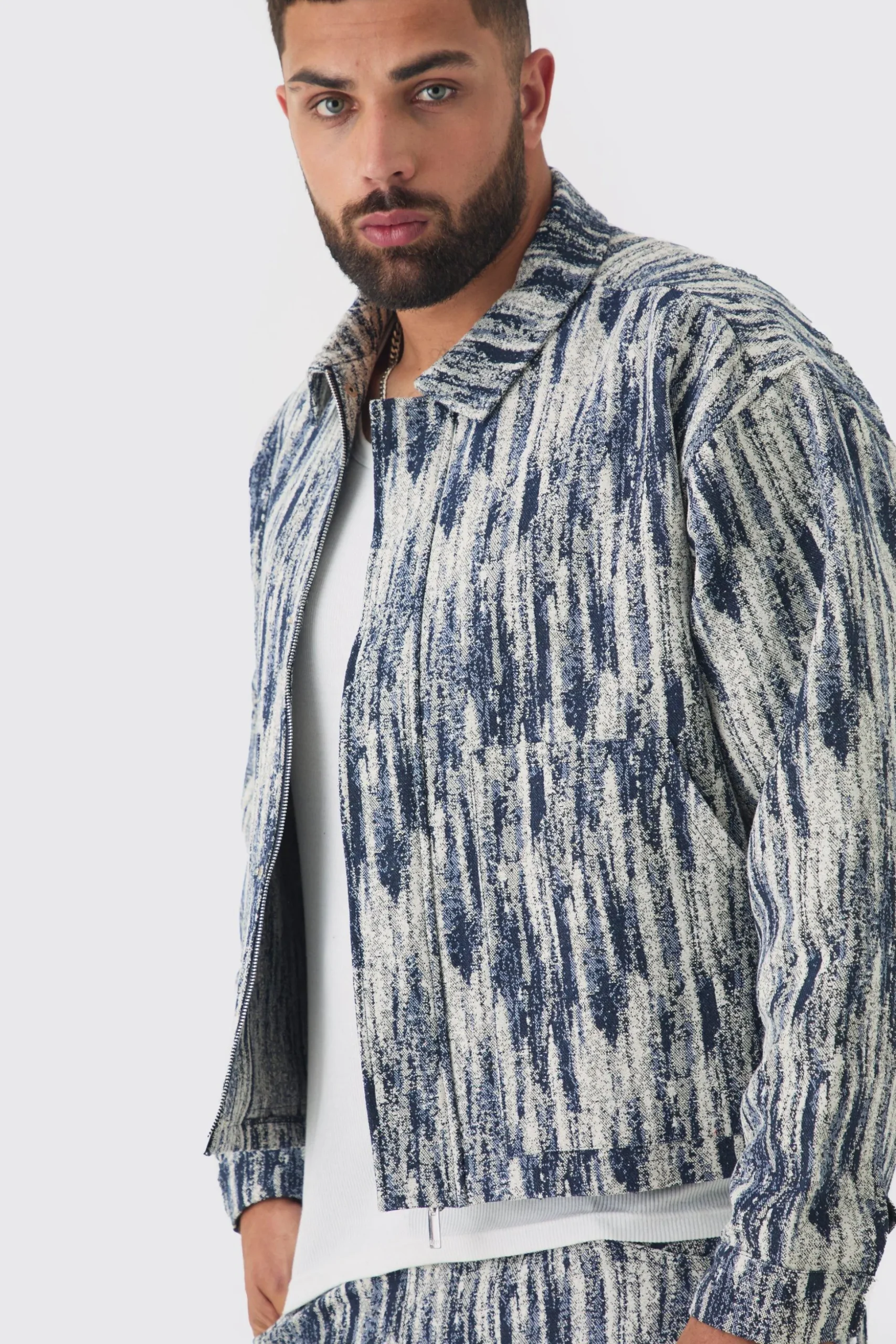 Plus Oversized Fit Fabric Interest Denim Jacket | BoohooMAN UK