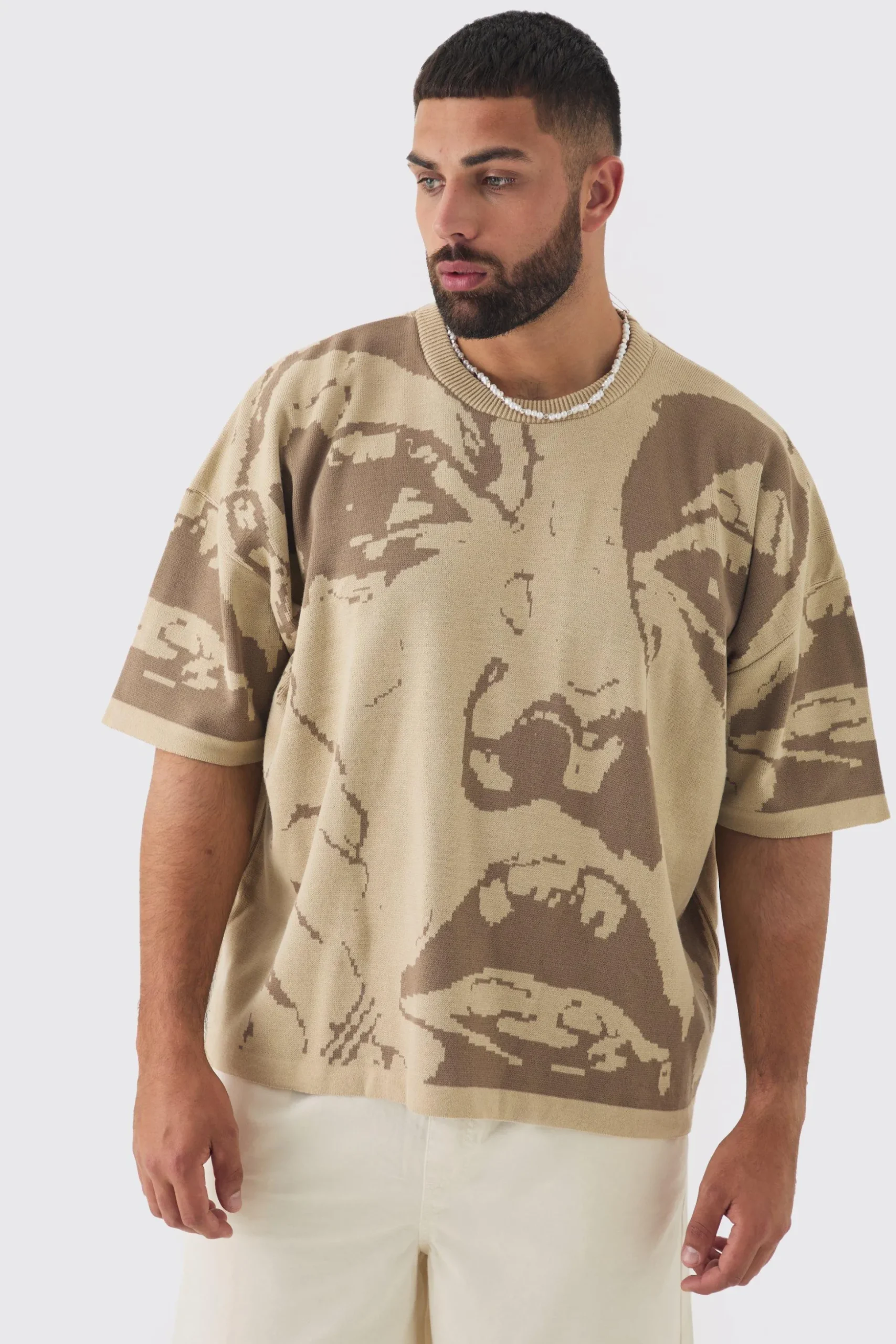 Plus Oversized Line Drawing Knitted T-shirt | BoohooMAN UK