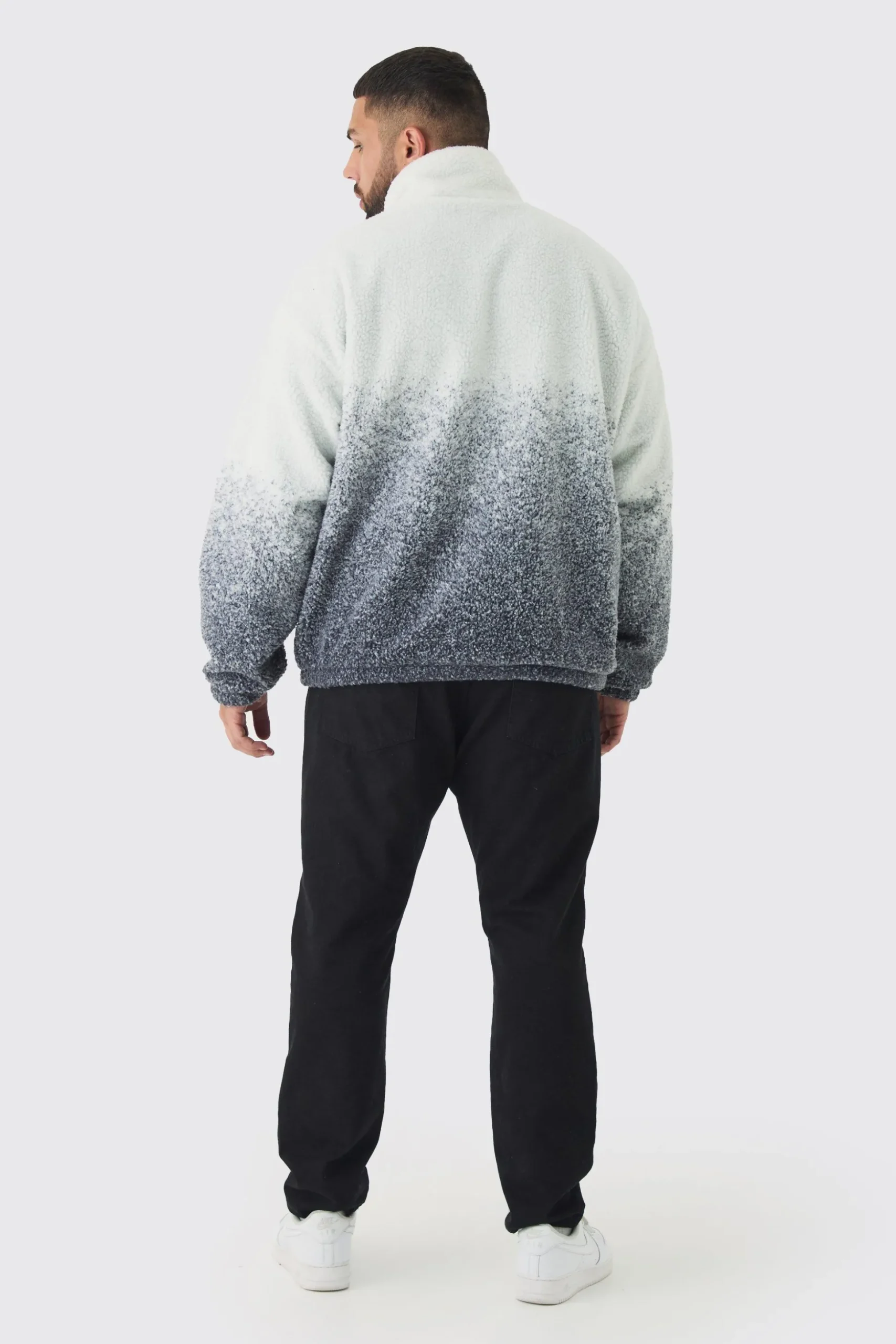 Plus Oversized Ombre Borg Funnel Neck Jacket In Black | BoohooMAN UK