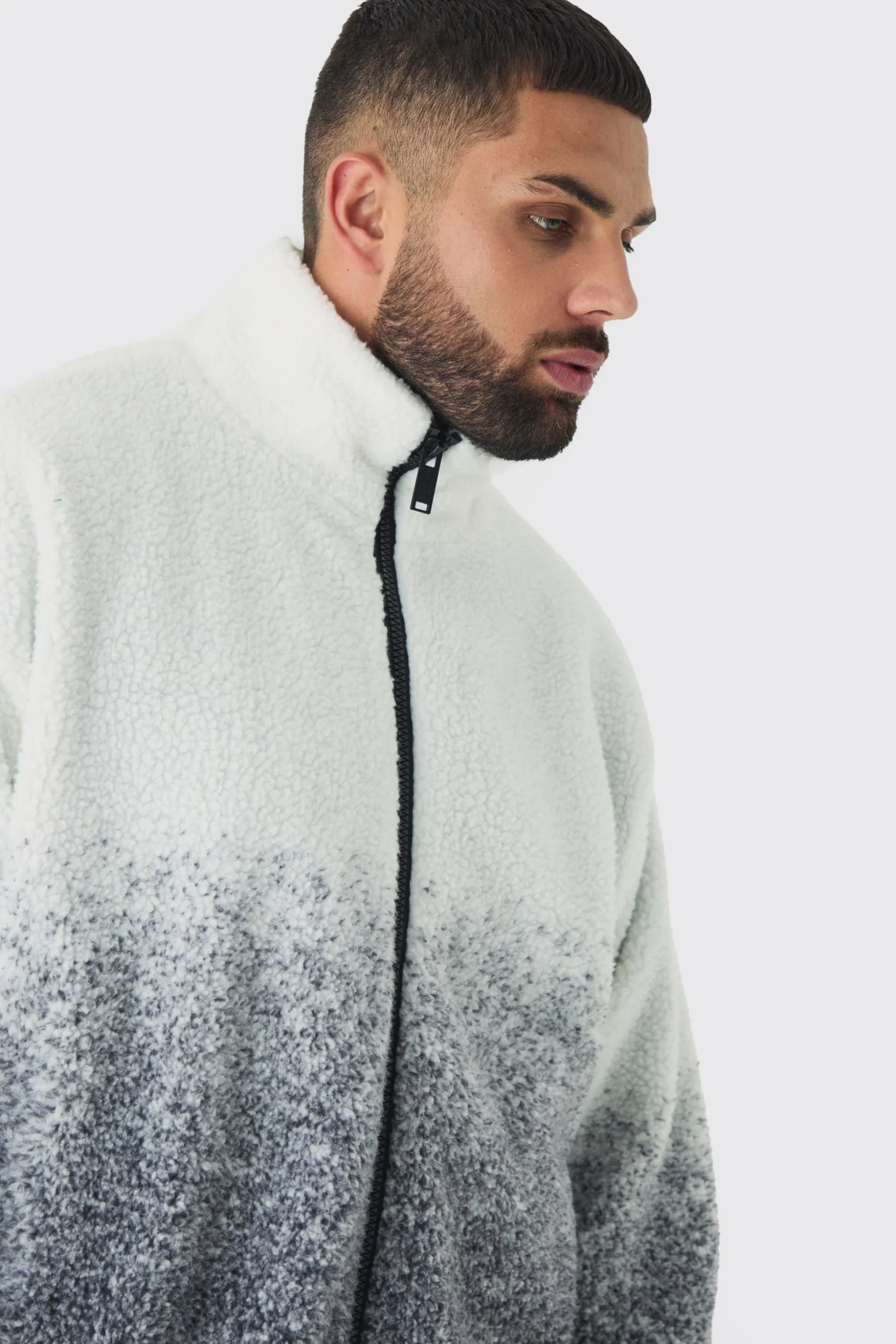 Plus Oversized Ombre Borg Funnel Neck Jacket In Black | BoohooMAN UK